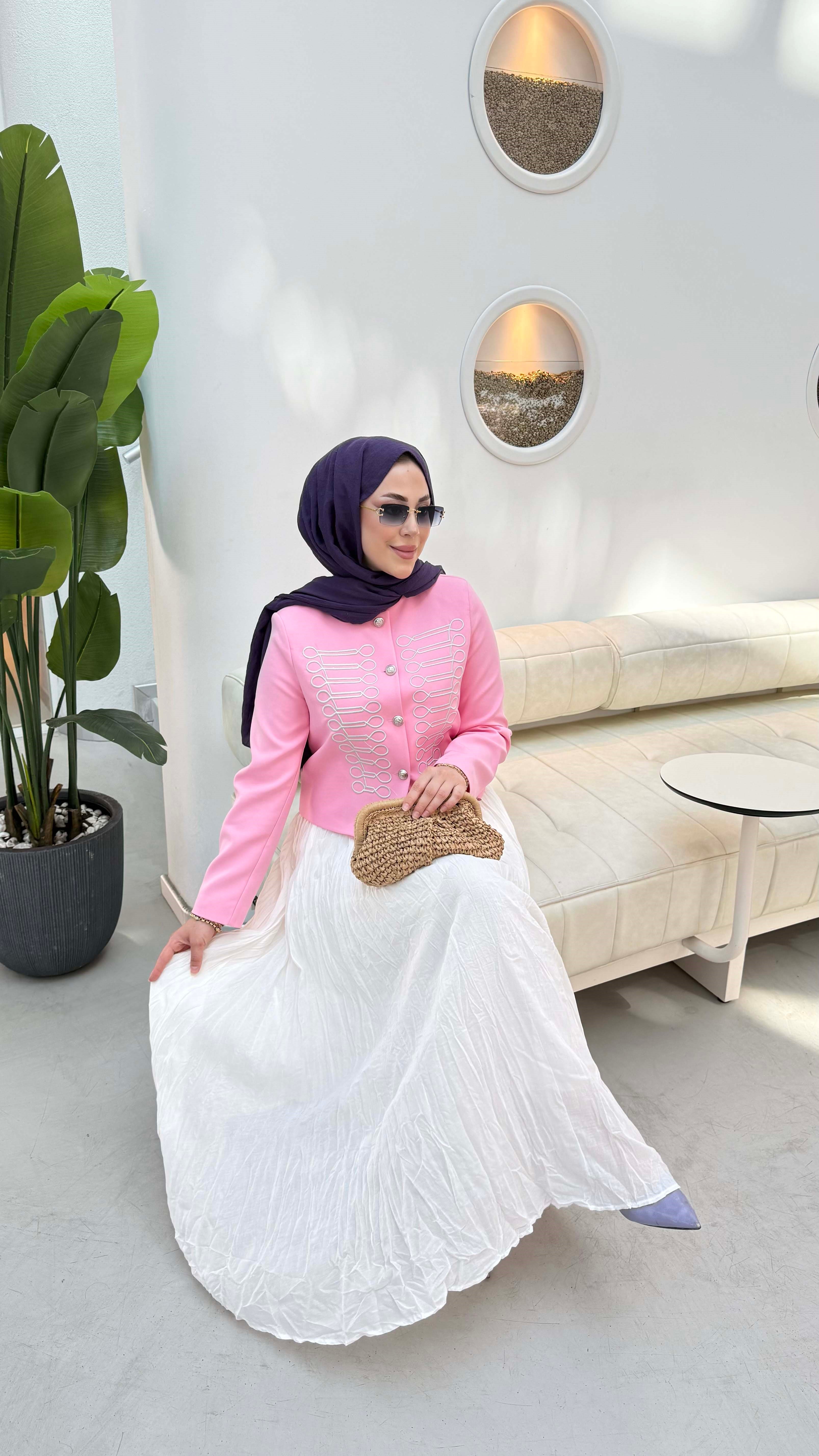 Nakışlı Hakim Yaka Ceket Pembe 6351
