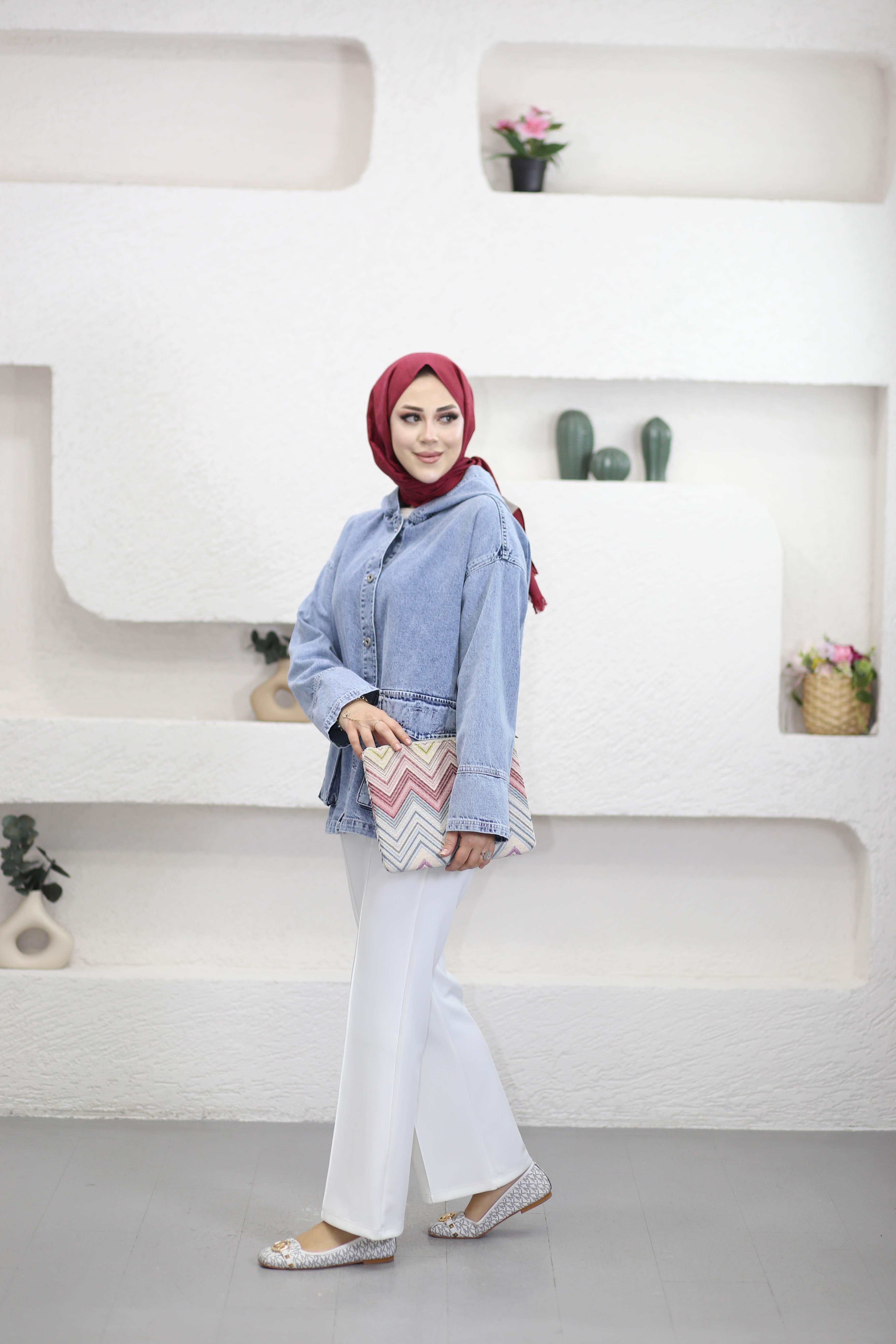 Kapişonlu Denim Ceket Açık Mavi 7437