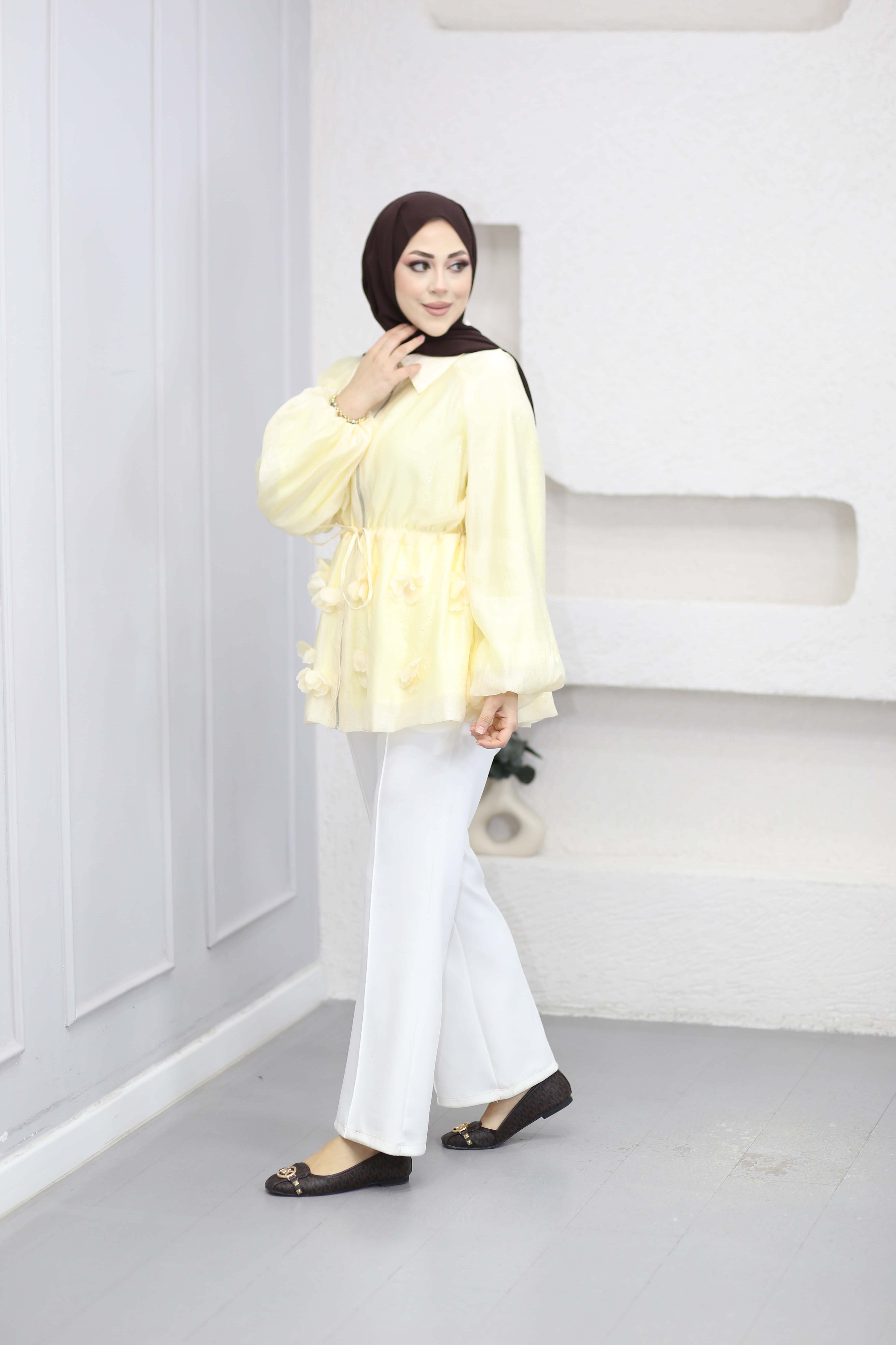 Simli Tencel Balon Ceket Sarı 26043