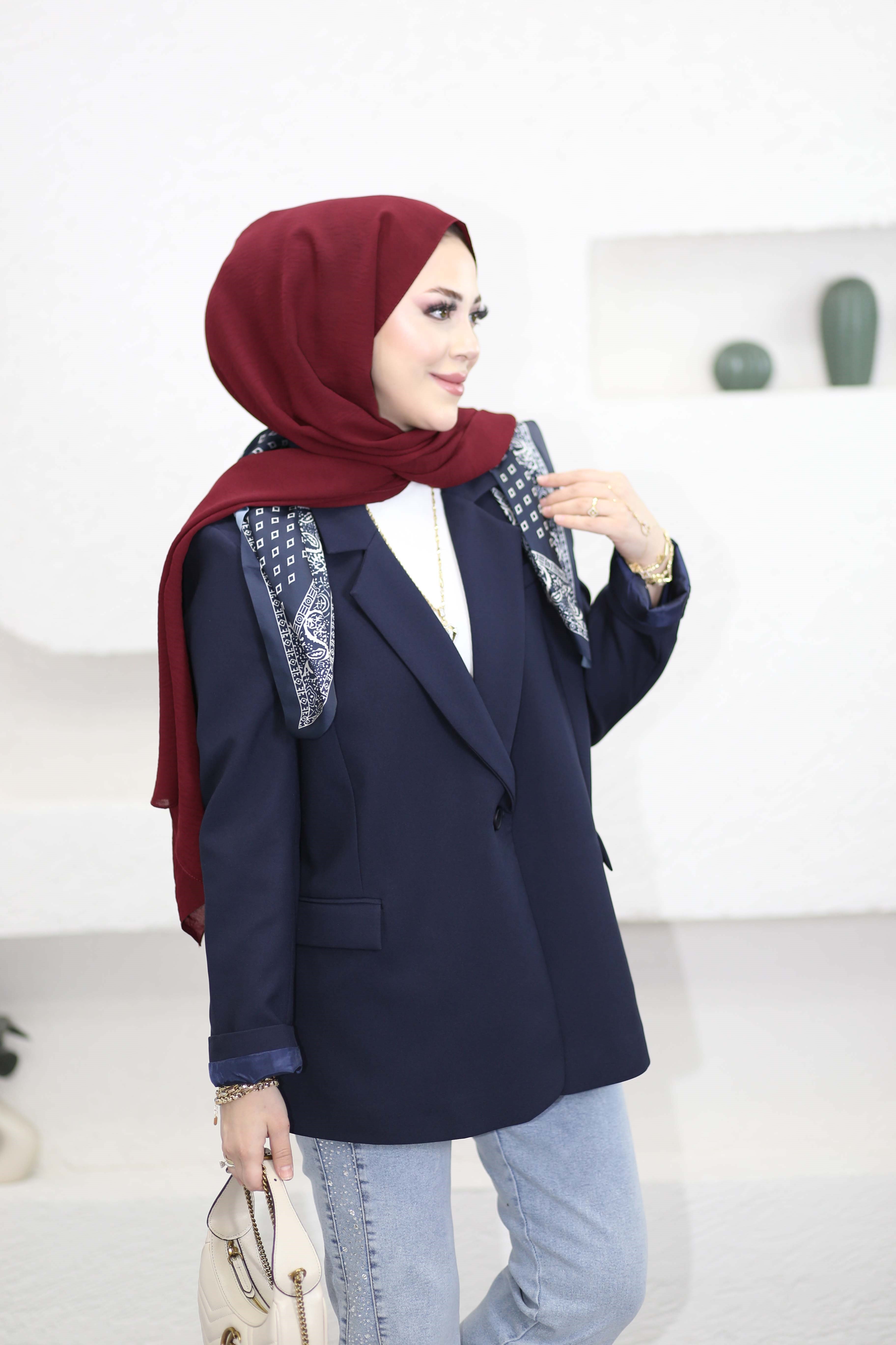 Fular Detaylı Blazer Ceket Lacivert 7665
