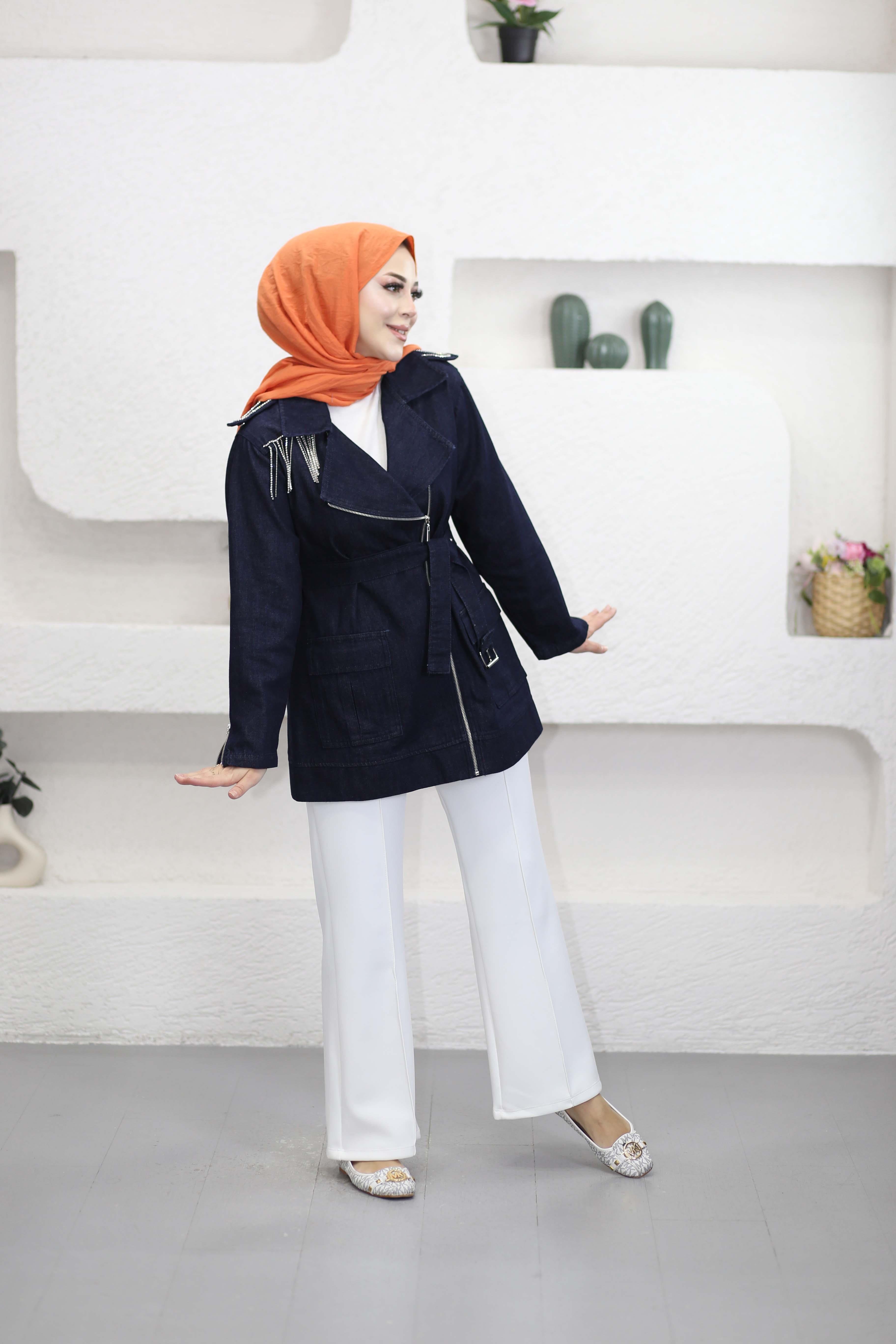 Taş Omuzlu Denim Ceket Koyu Mavi 7471