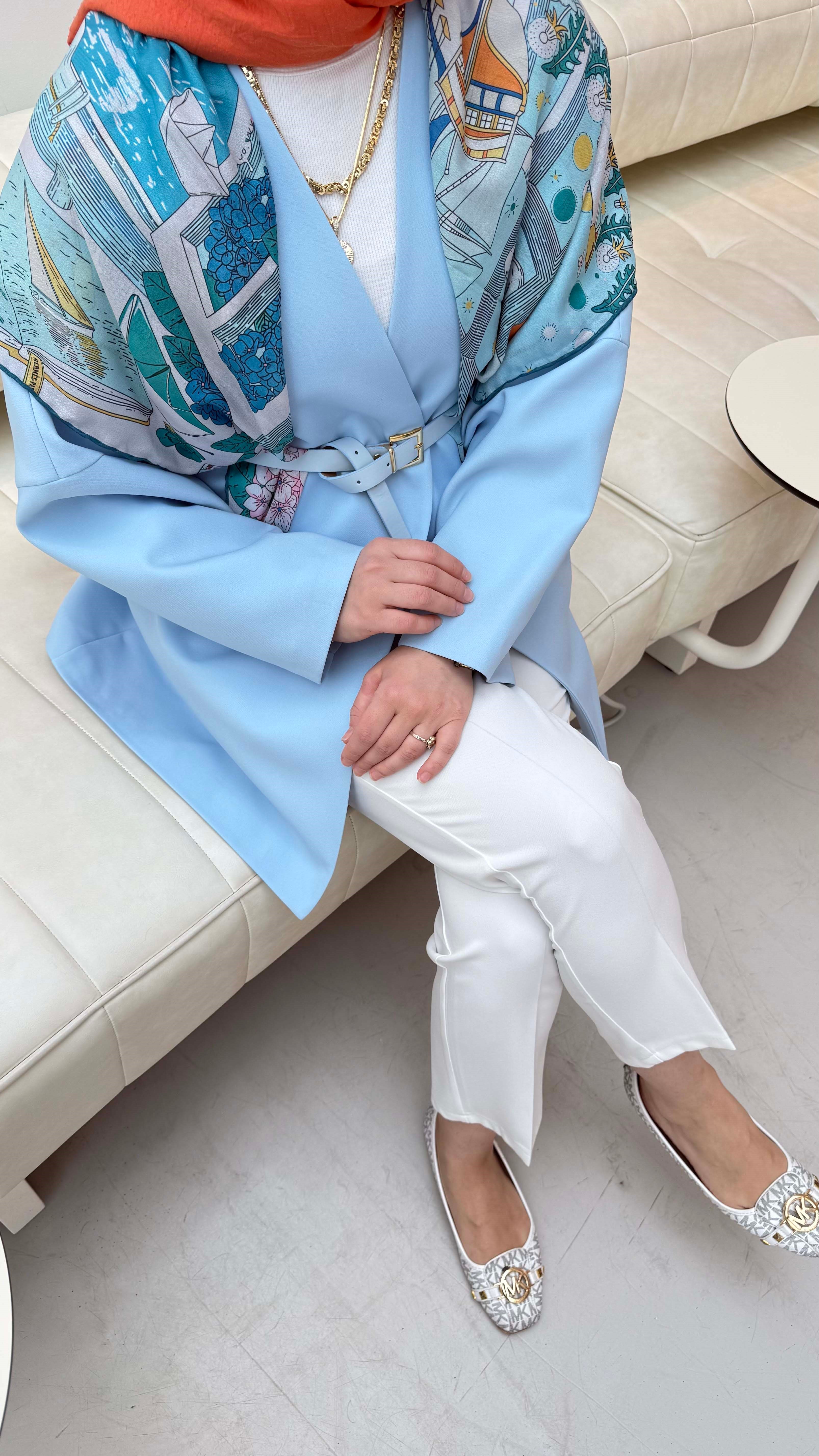 Yakasız Kemer Detaylı Ceket Bebe Mavi 1214