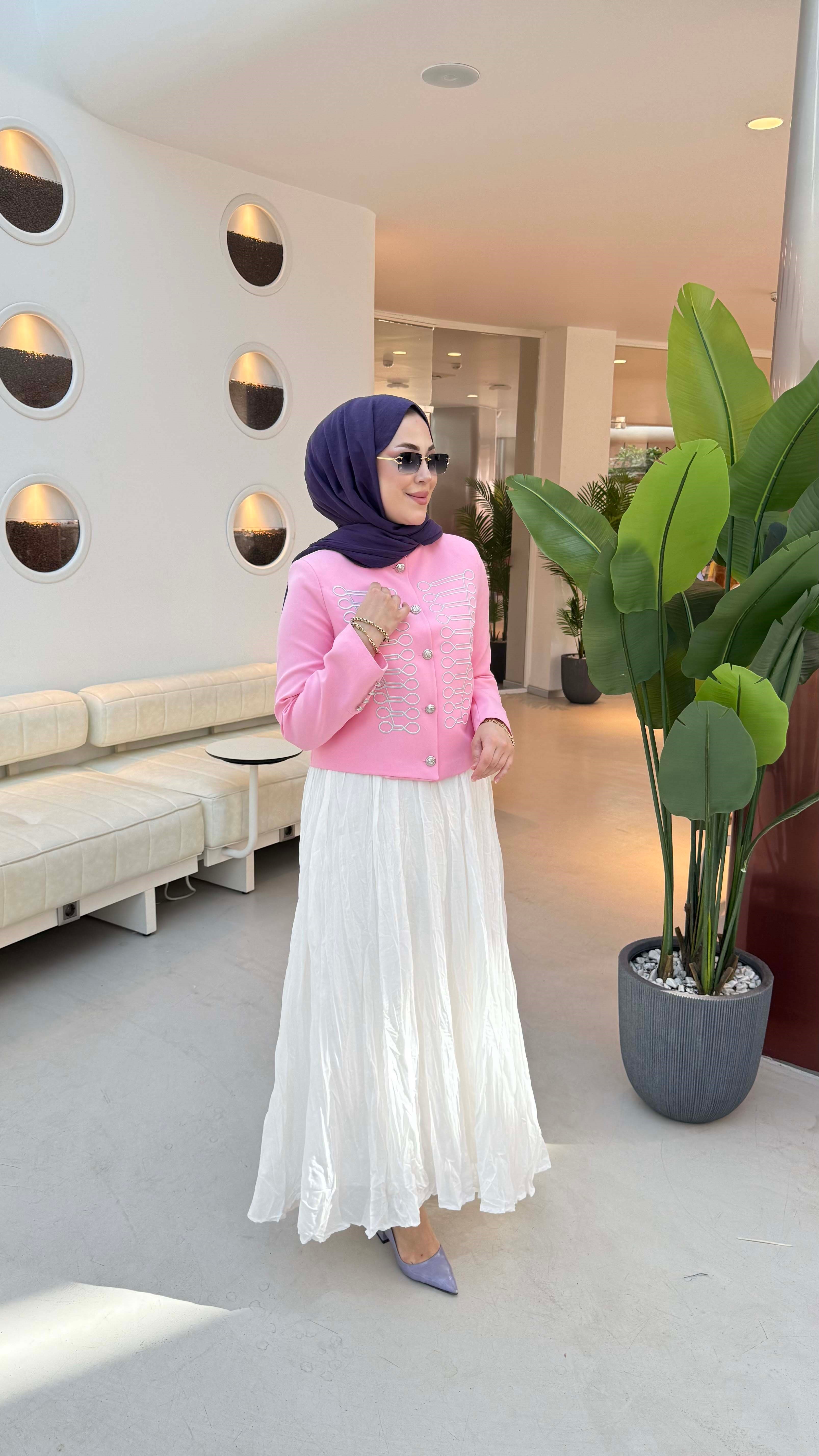 Nakışlı Hakim Yaka Ceket Pembe 6351