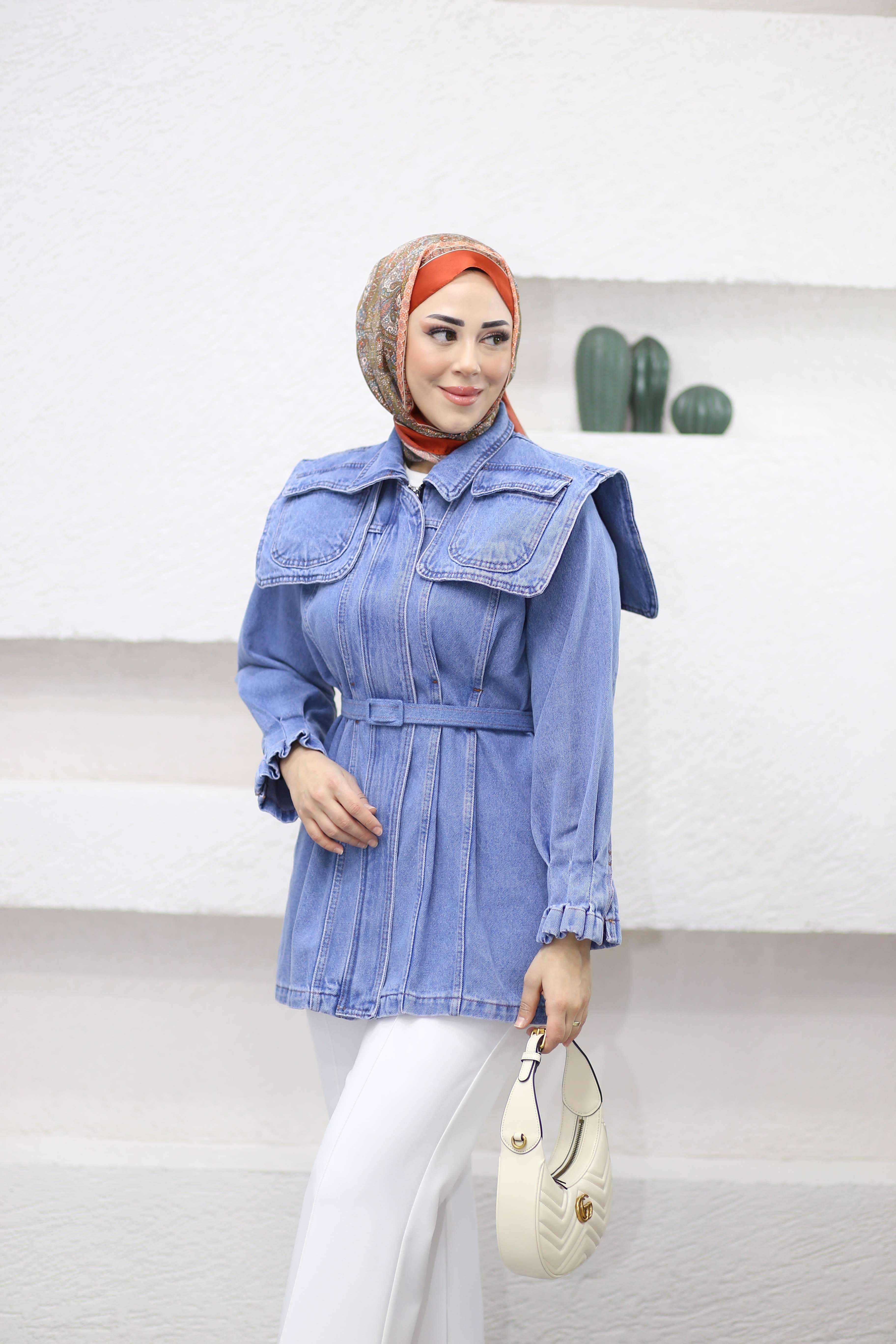 Tasarım Detaylı Denim Ceket Açık Mavi 1143