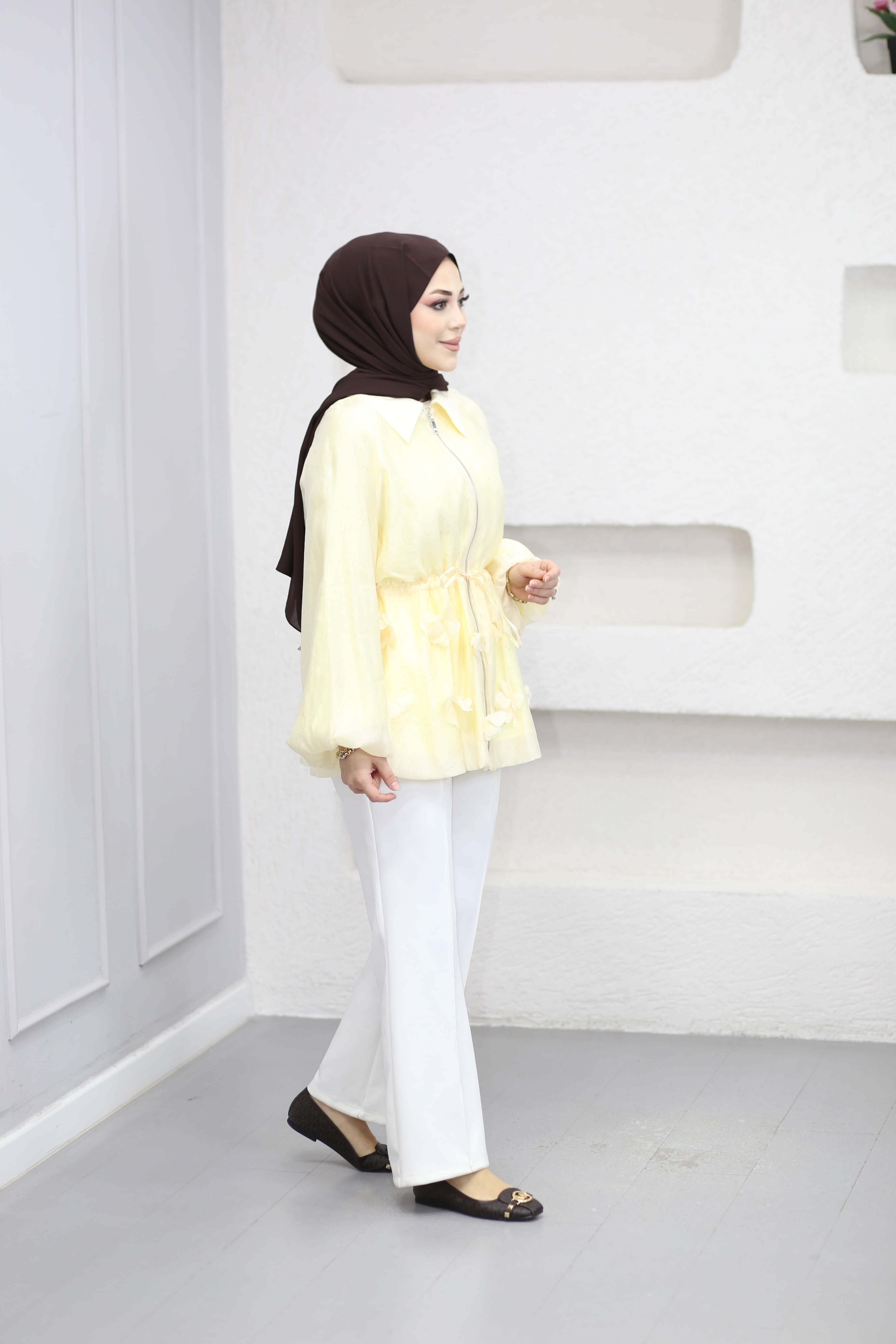 Simli Tencel Balon Ceket Sarı 26043