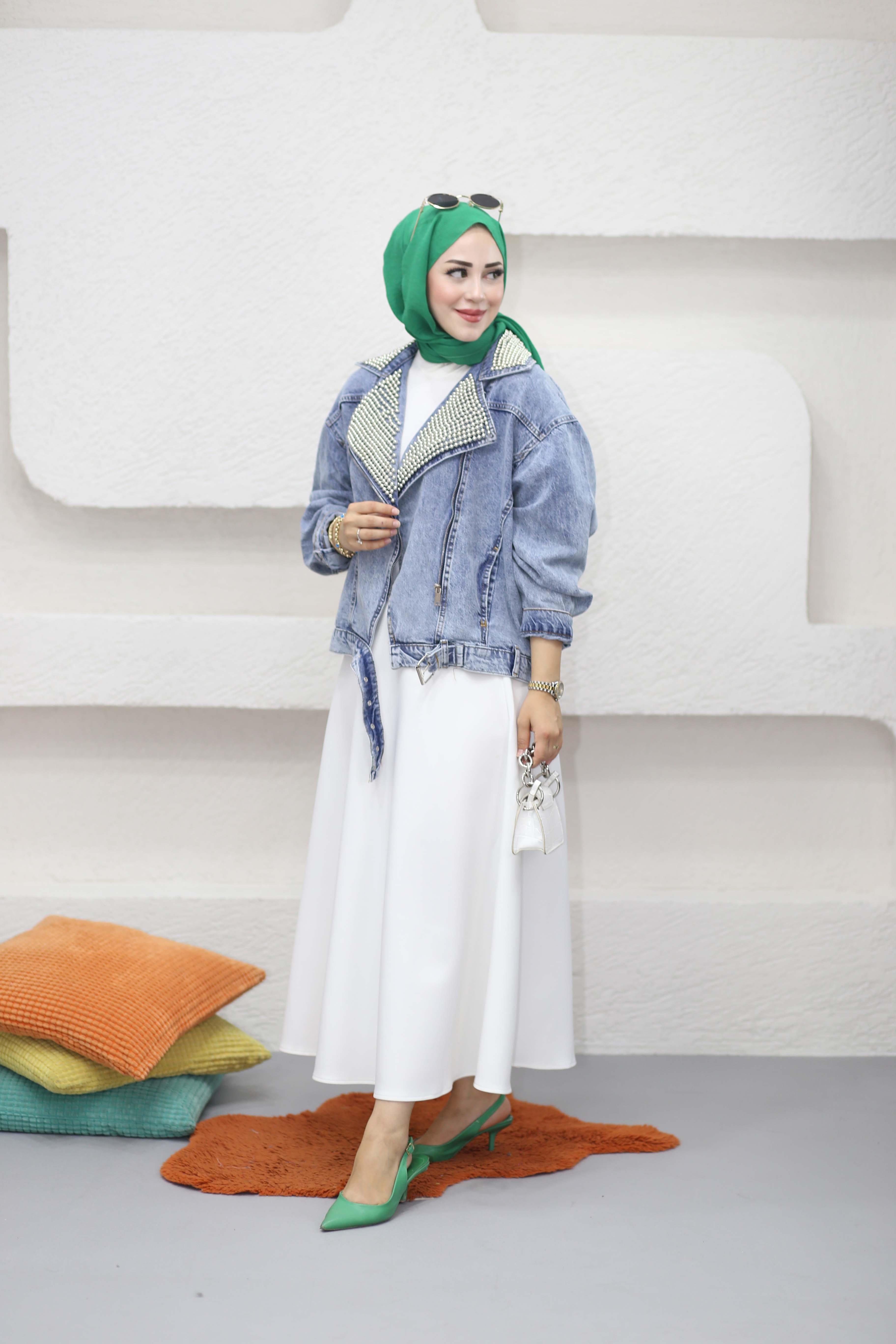 Boncuklu Kot Ceket Açık Mavi 35137