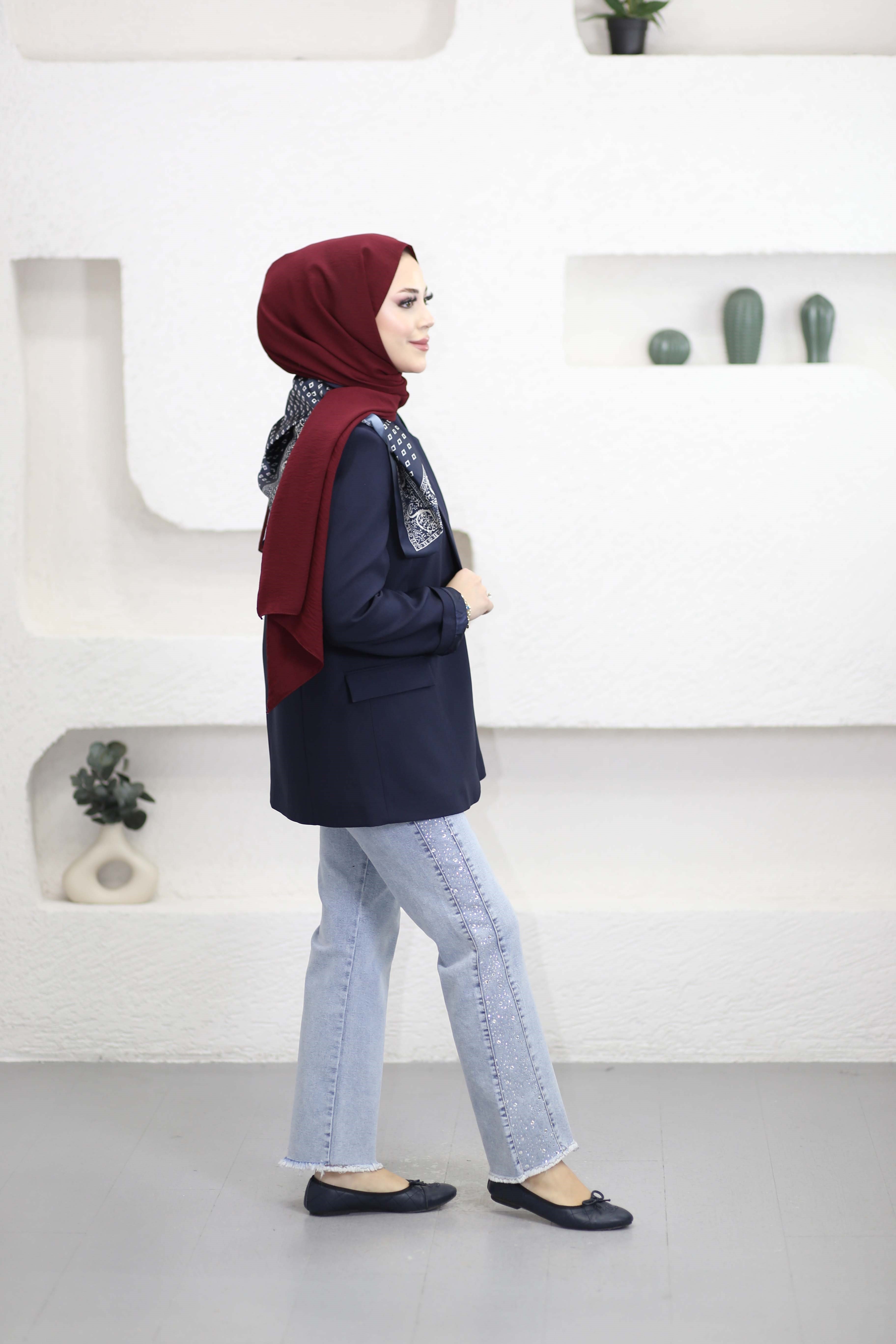 Fular Detaylı Blazer Ceket Lacivert 7665