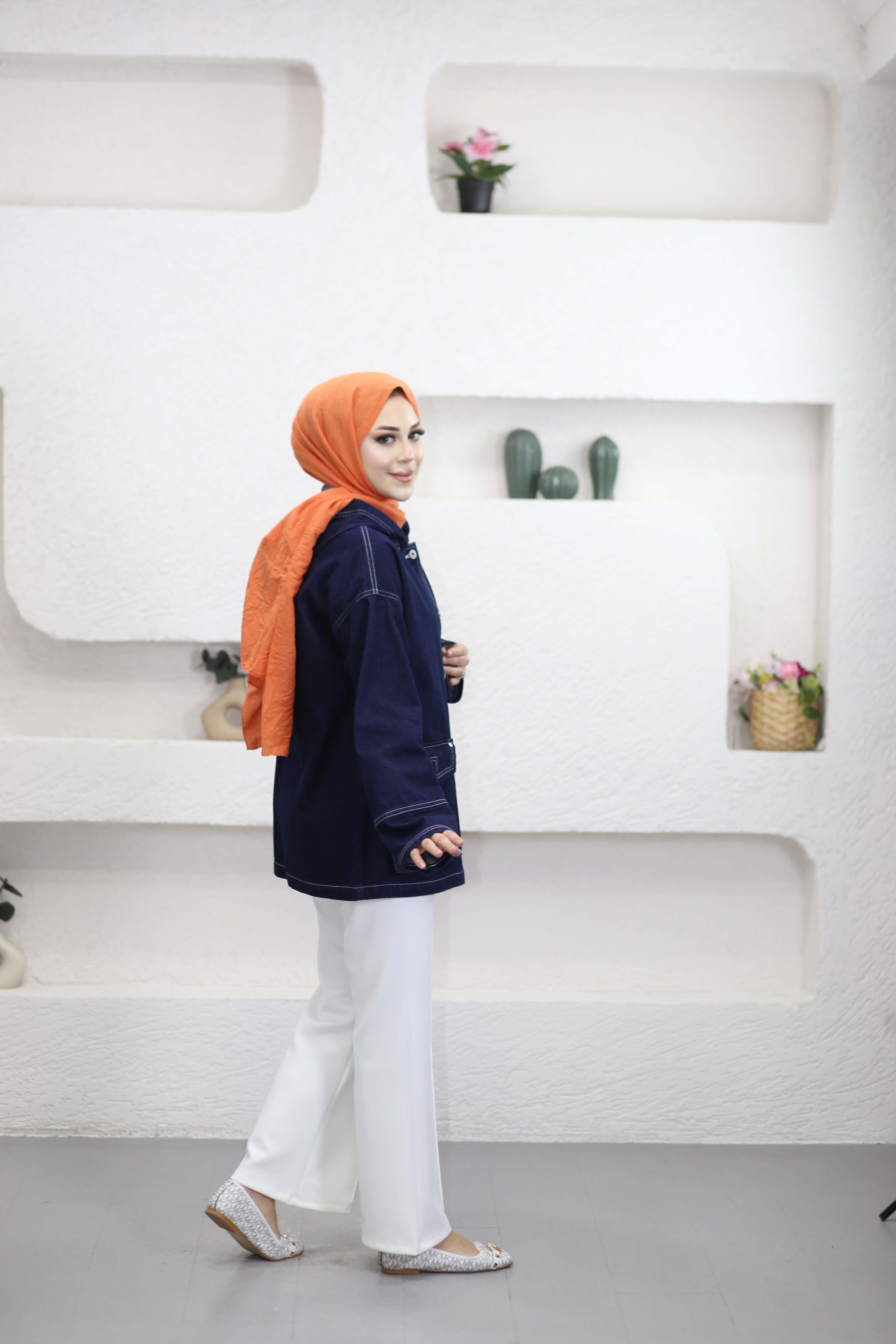 Kapişonlu Denim Ceket Koyu Mavi 7437