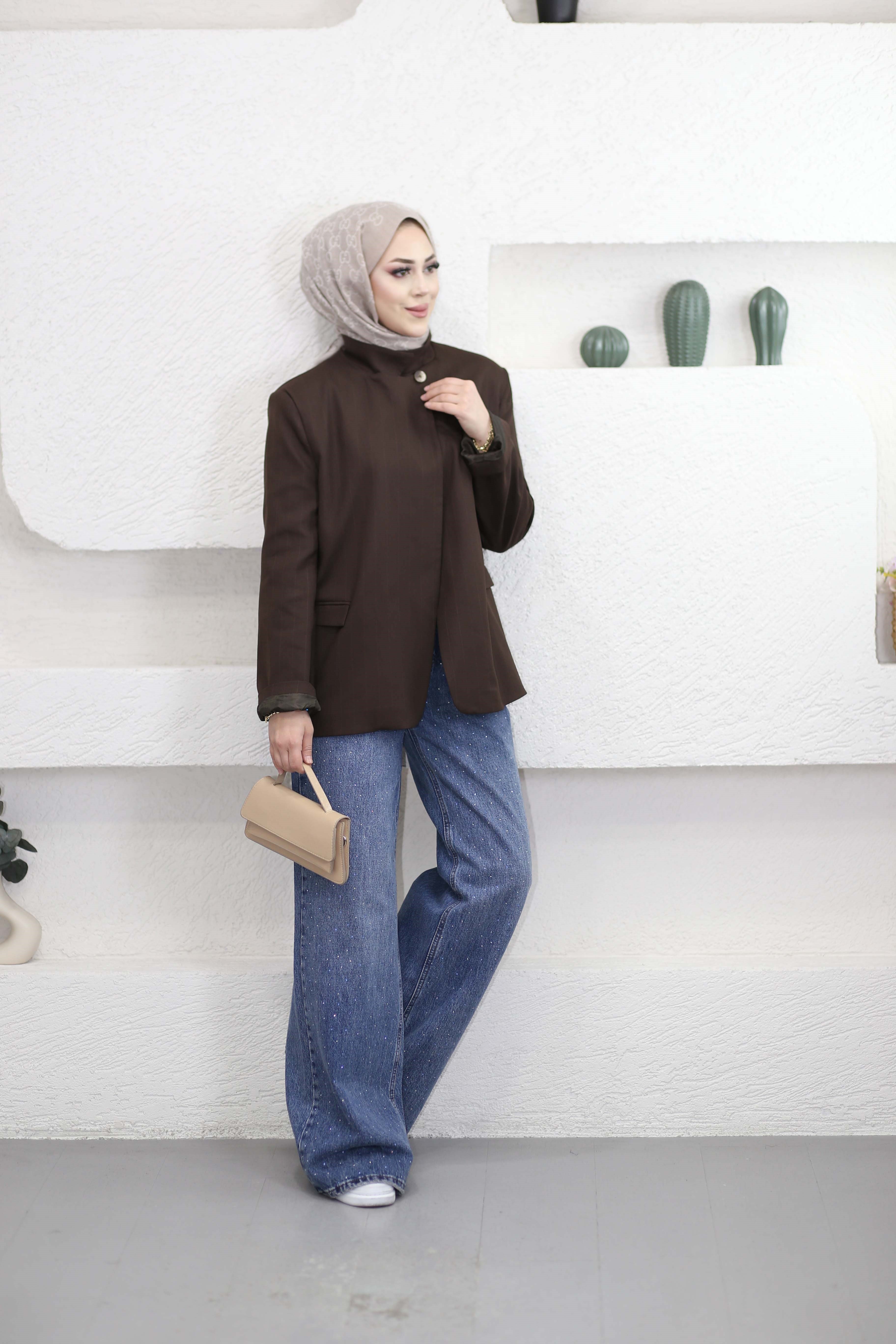 Dik Yaka Blazer Ceket Kahverengi 9715