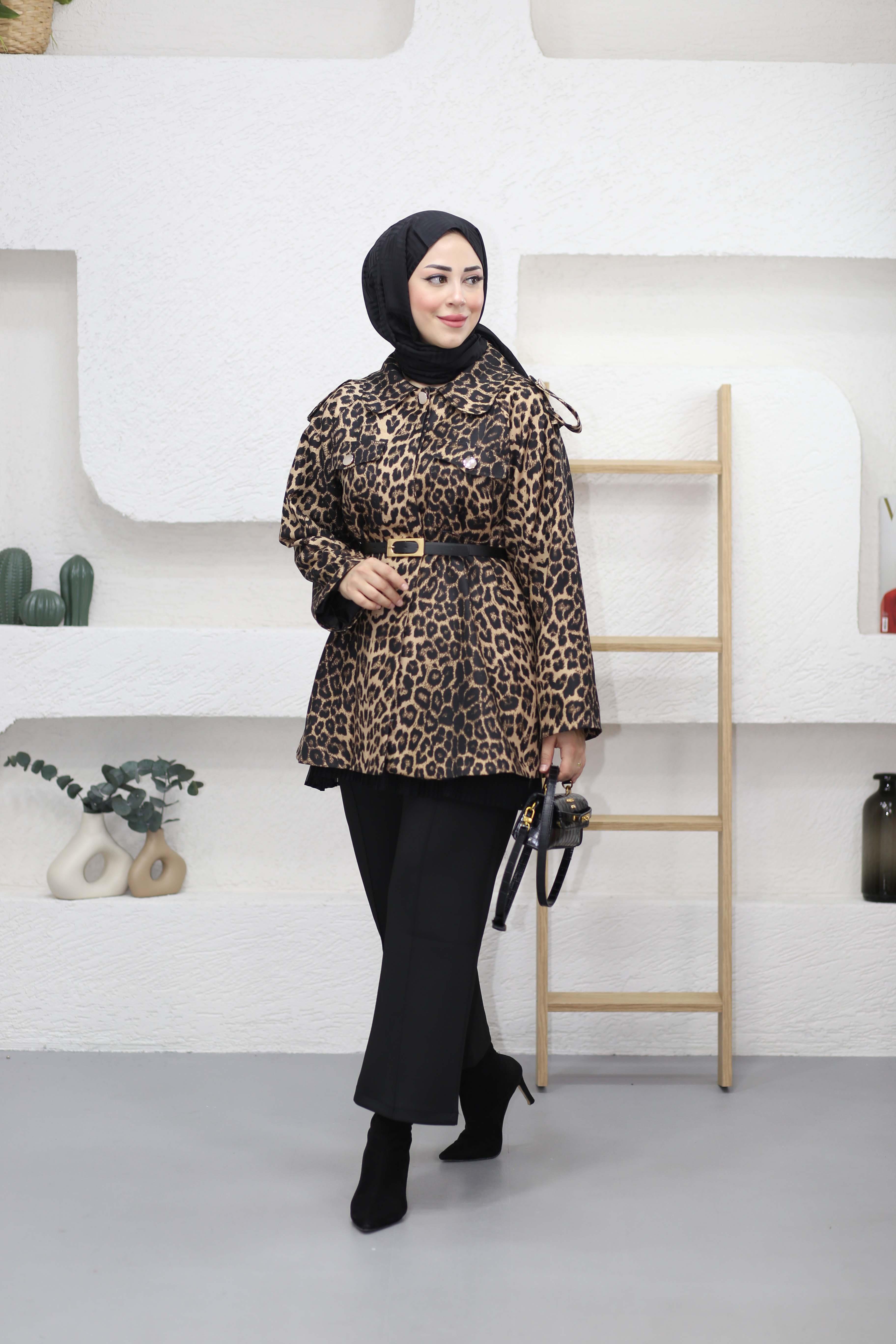 İnce Kemerli Leopar Ceket Siyah 7039