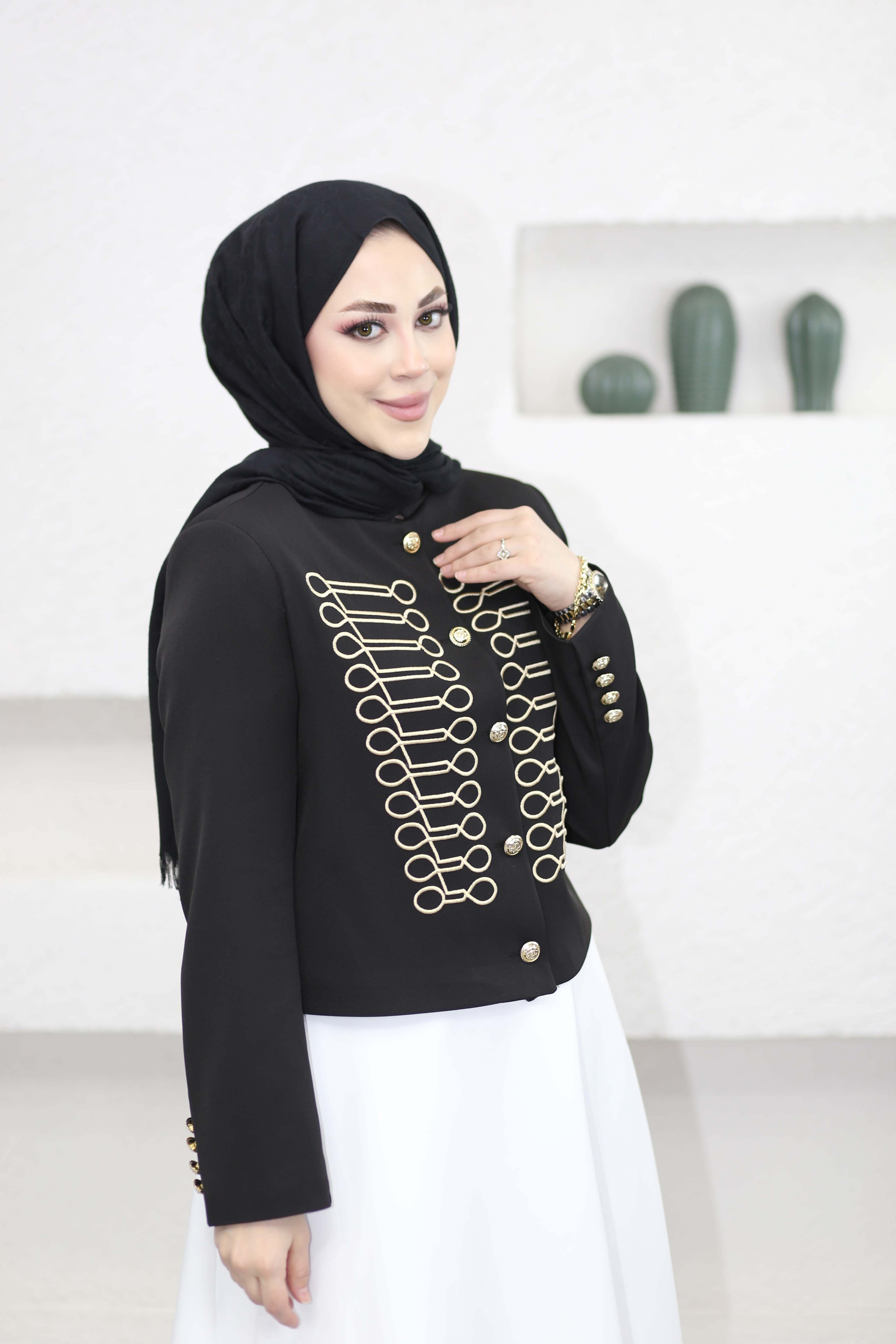 Nakışlı Hakim Yaka Ceket Siyah 6351