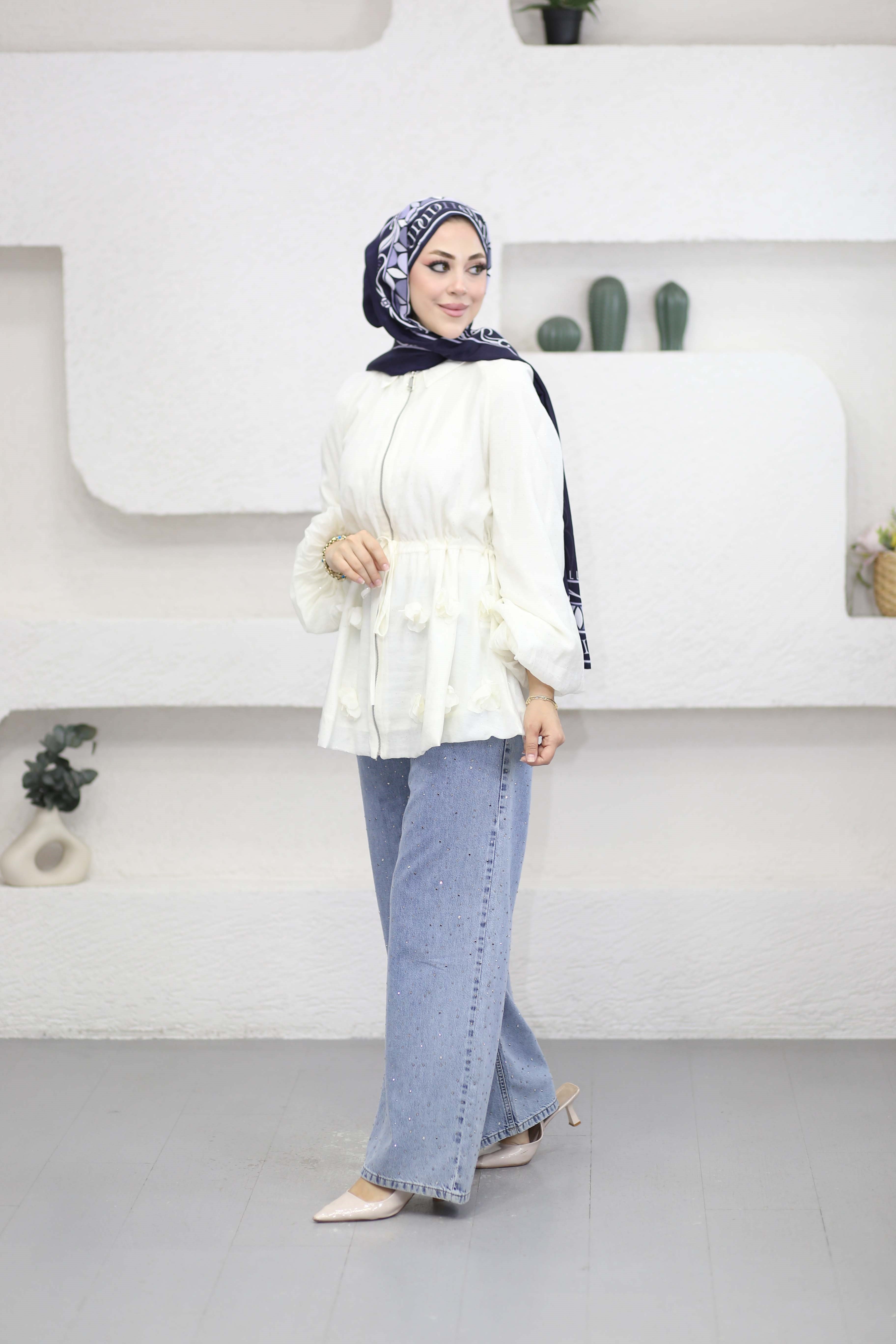 Simli Tencel Balon Ceket Beyaz 26043