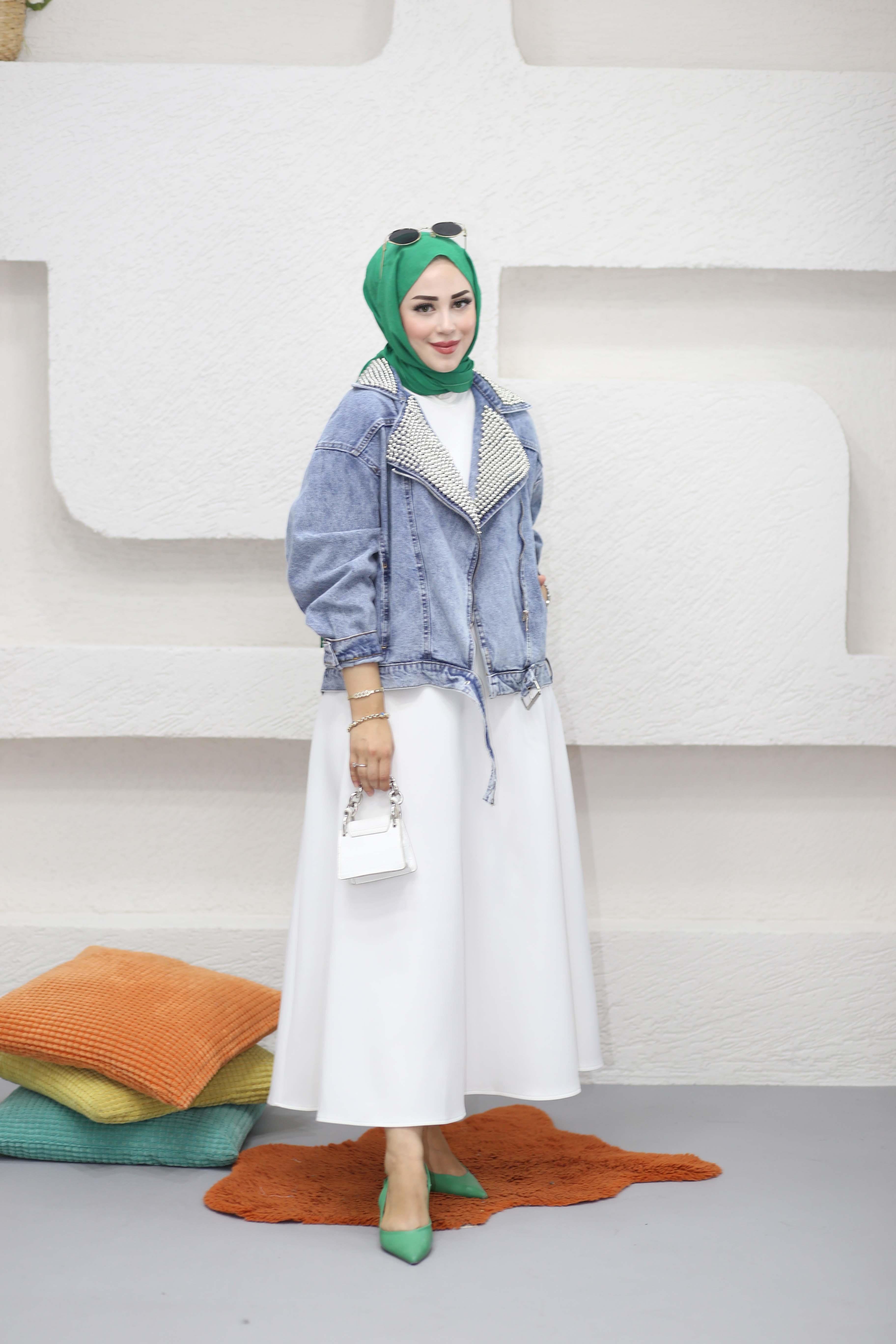 Boncuklu Kot Ceket Açık Mavi 35137