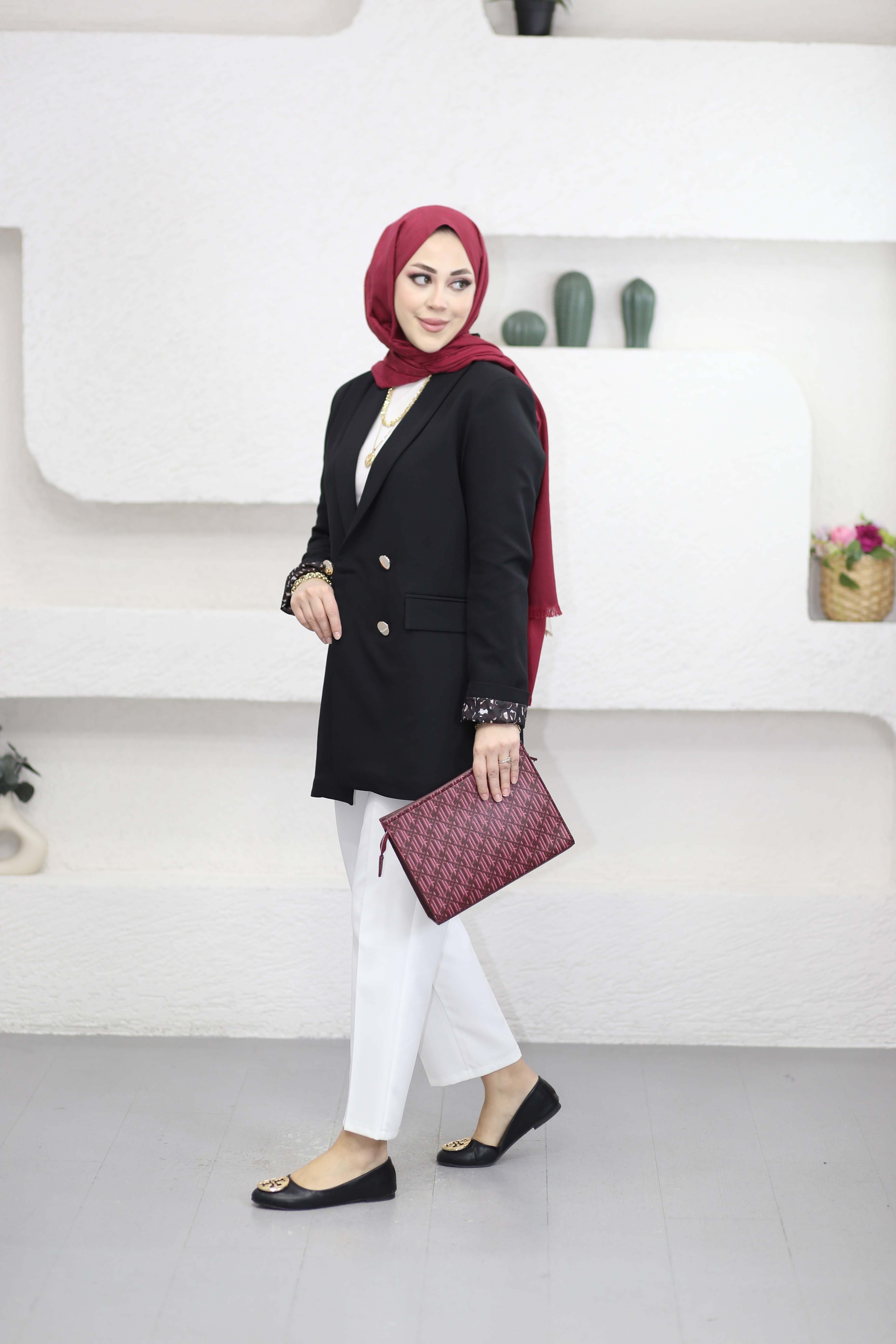Leopar Astarlı Düğmeli Ceket Siyah 1156