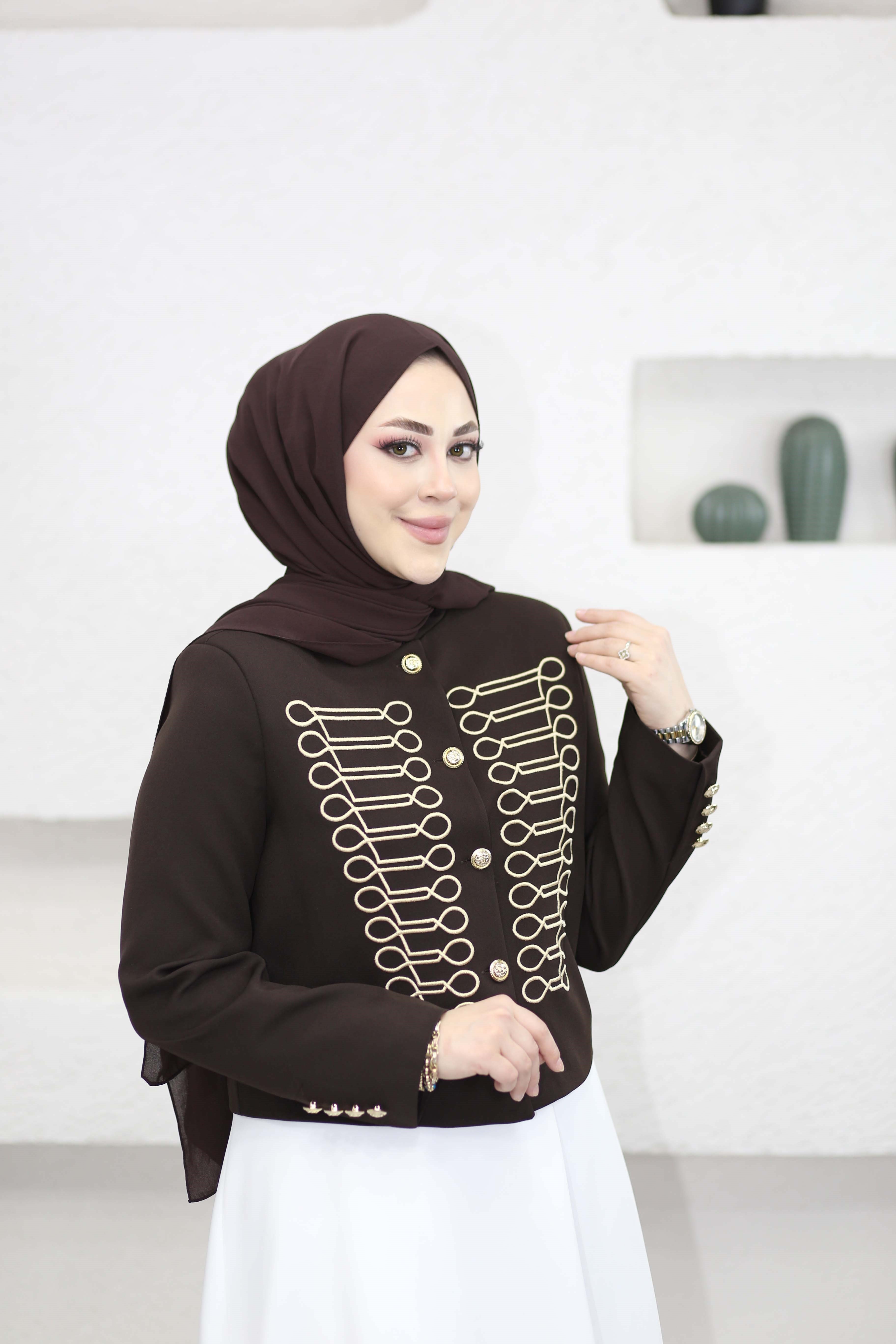 Nakışlı Hakim Yaka Ceket Kahverengi 6351