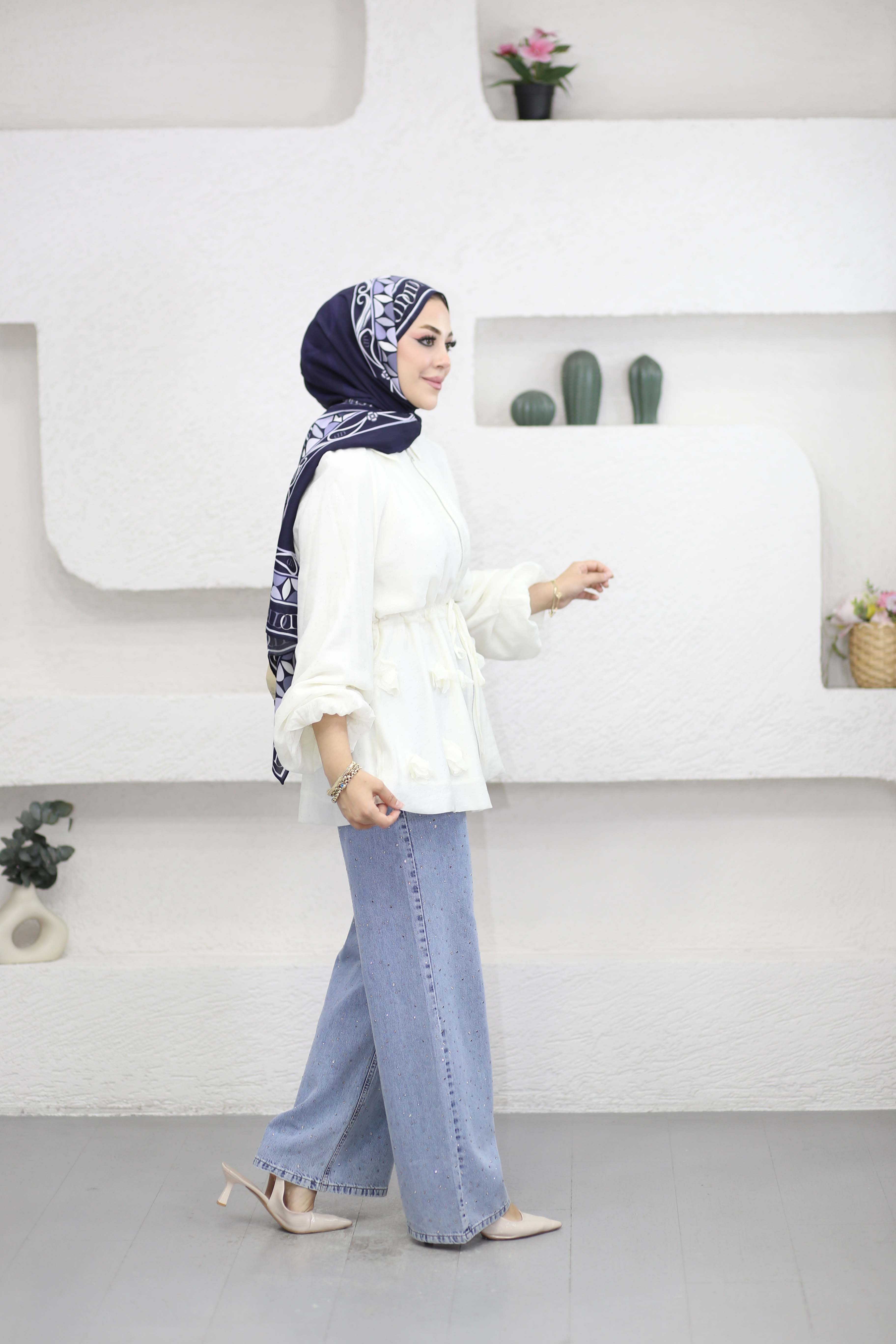 Simli Tencel Balon Ceket Beyaz 26043
