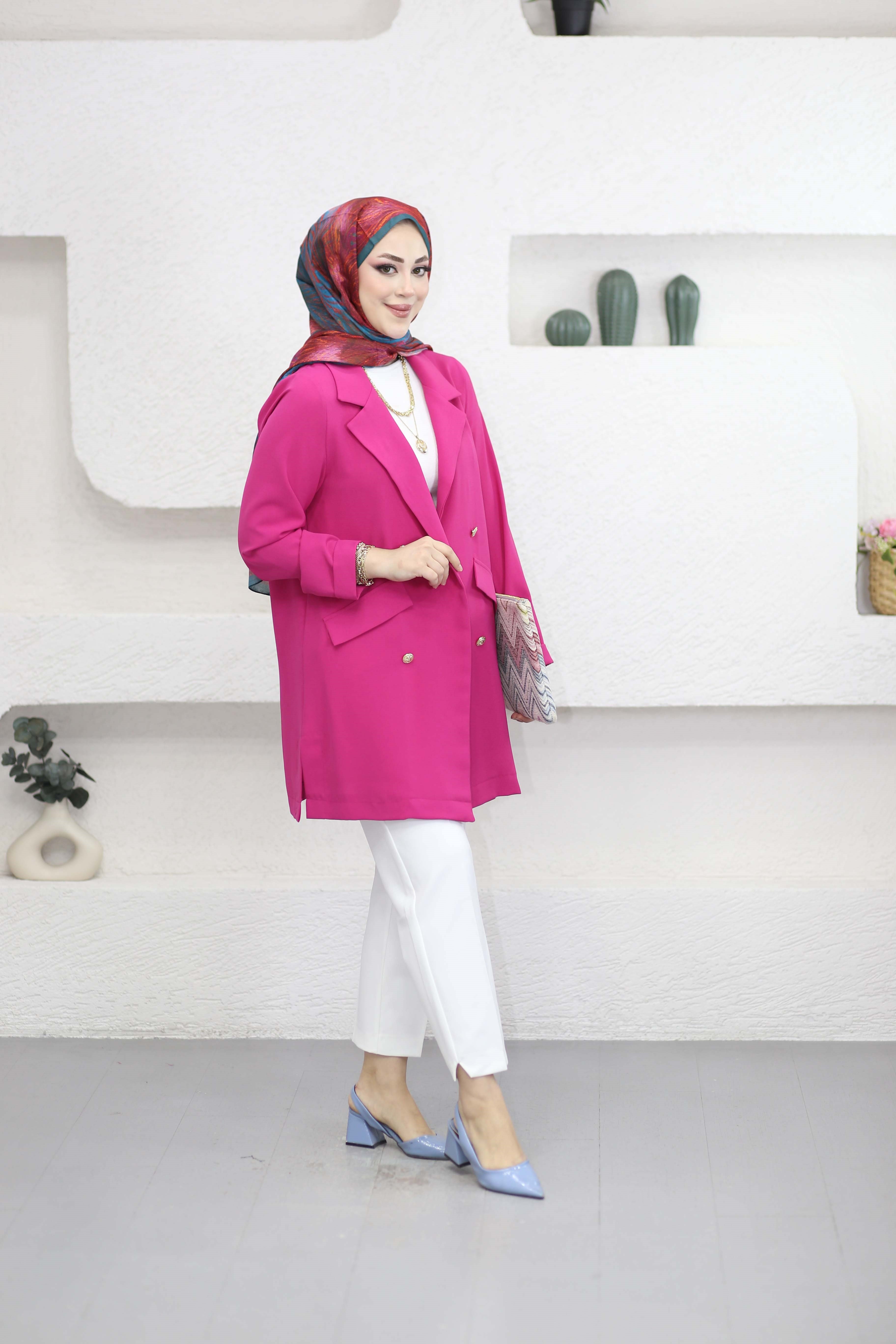 Düğmeli Linda Ceket Fuşya 3079
