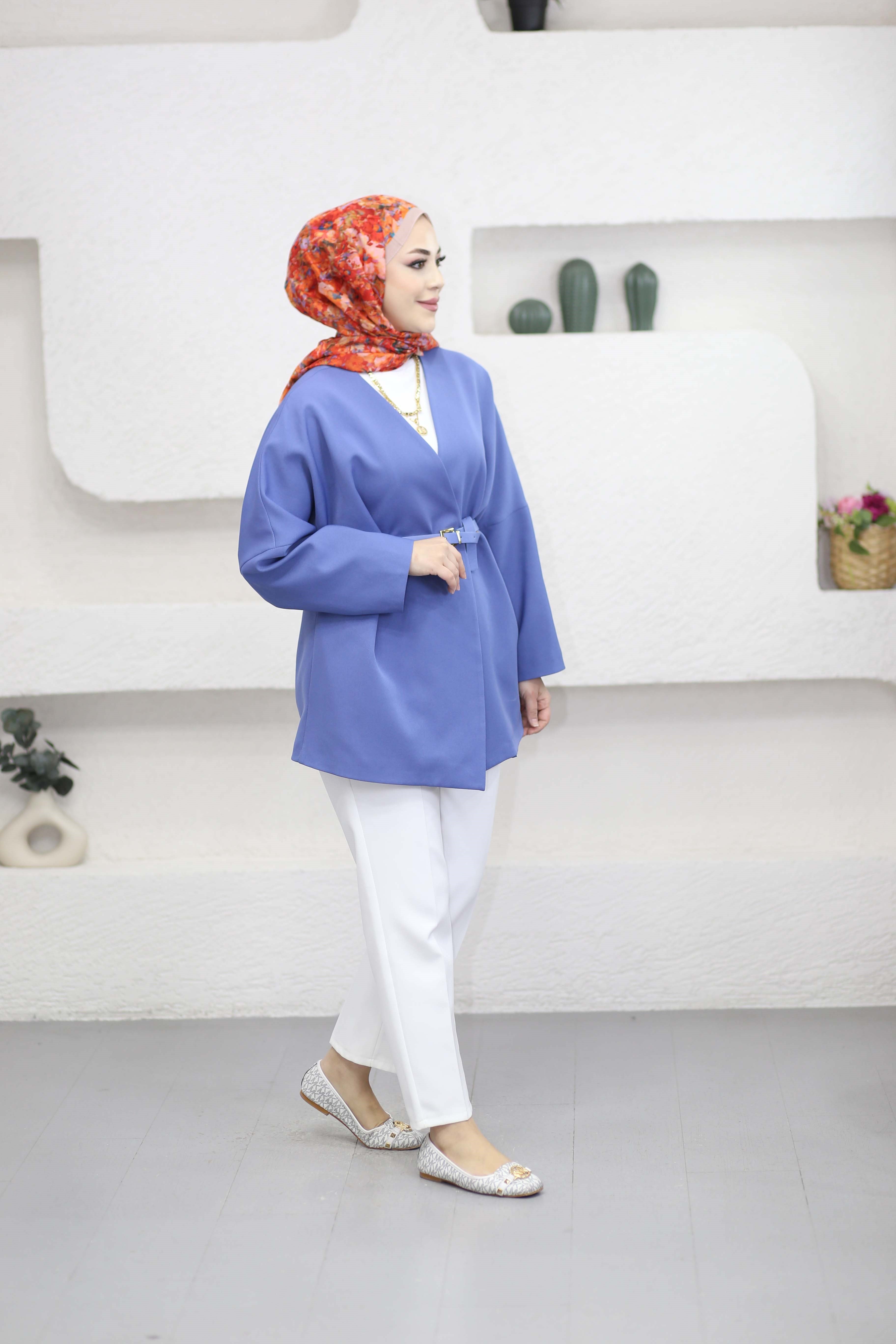 Yakasız Kemer Detaylı Ceket Mavi 1214