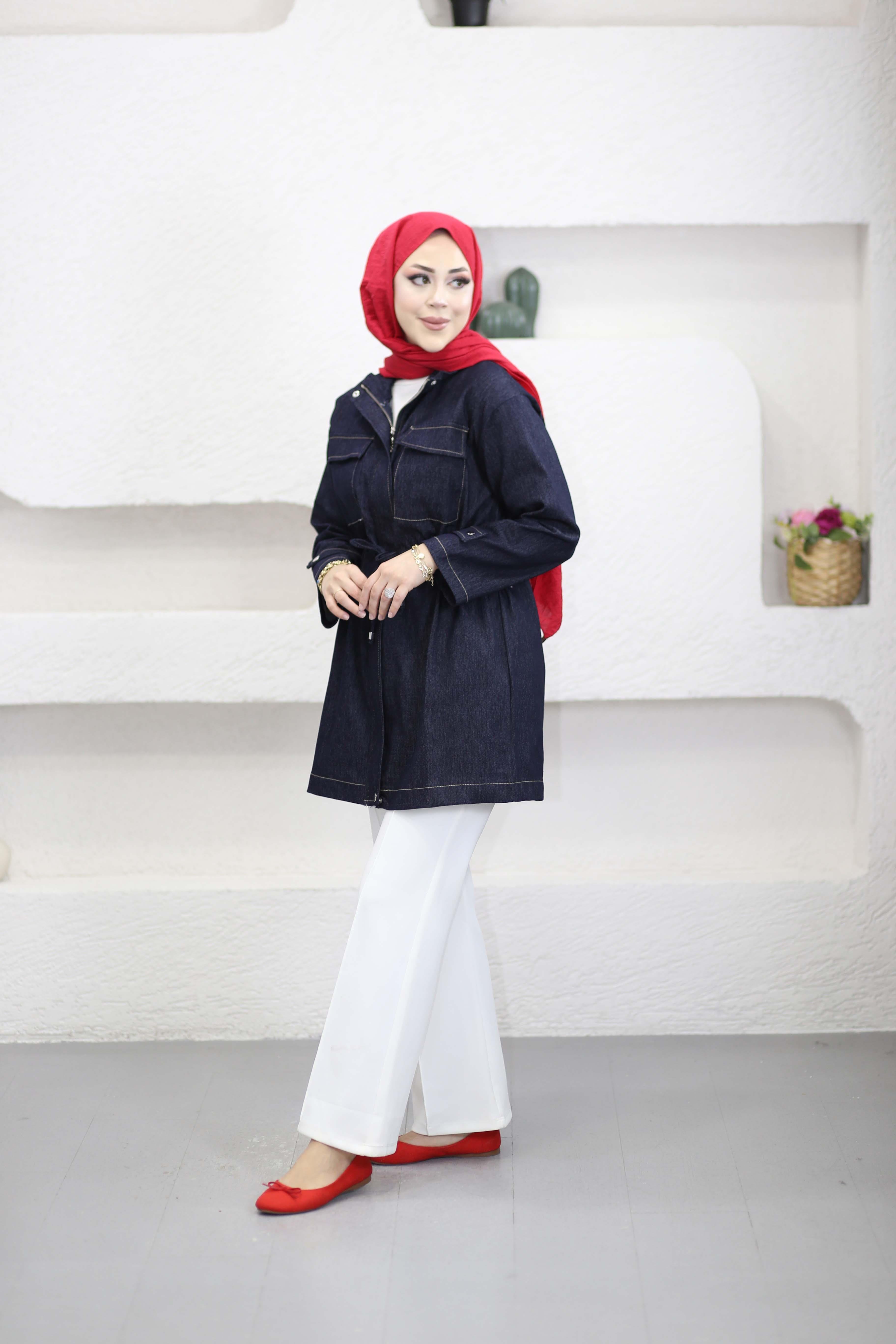 Beli Bağcıklı Denim Ceket Lacivert 3190