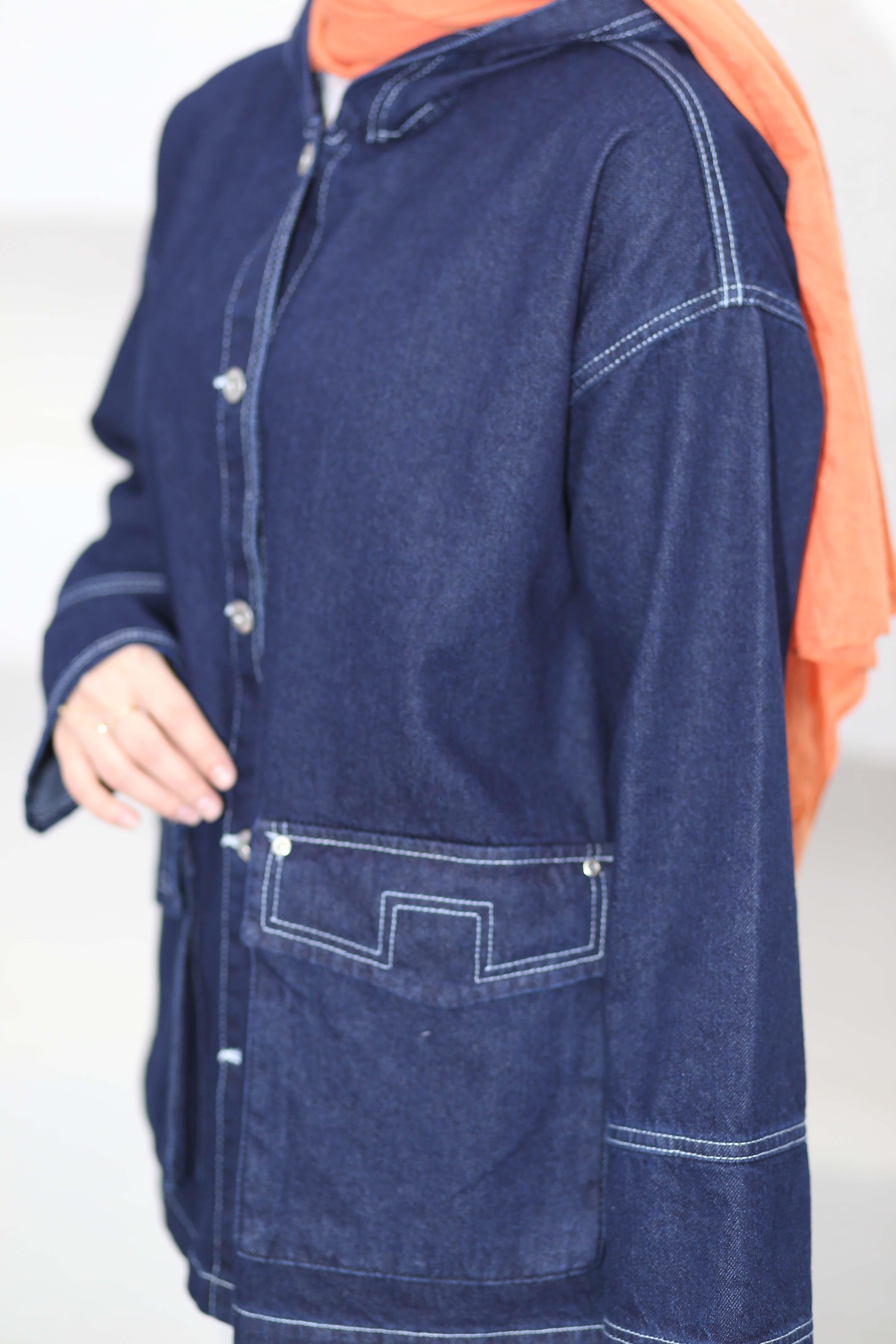 Kapişonlu Denim Ceket Koyu Mavi 7437
