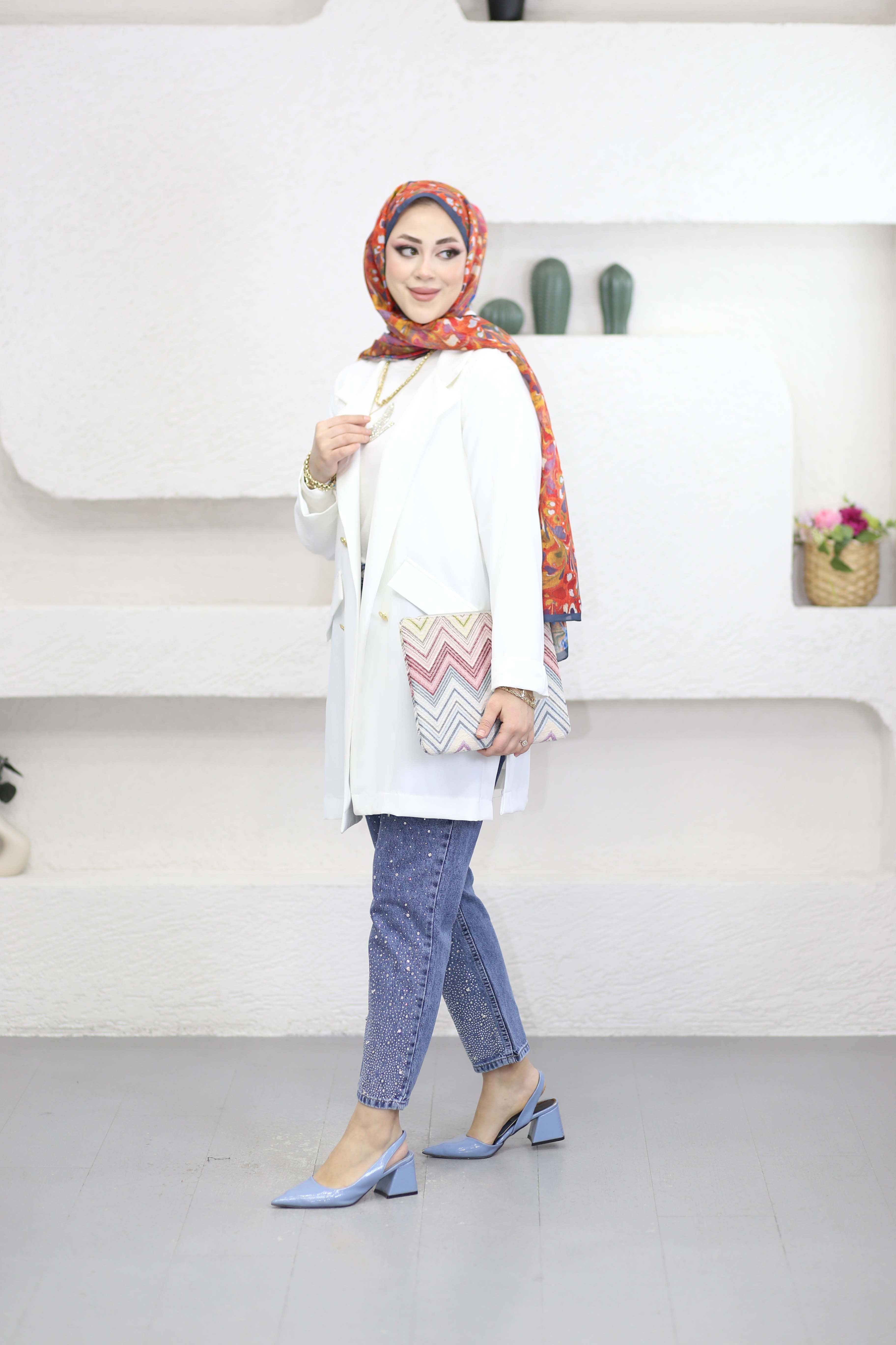 Düğmeli Linda Ceket Beyaz 3079