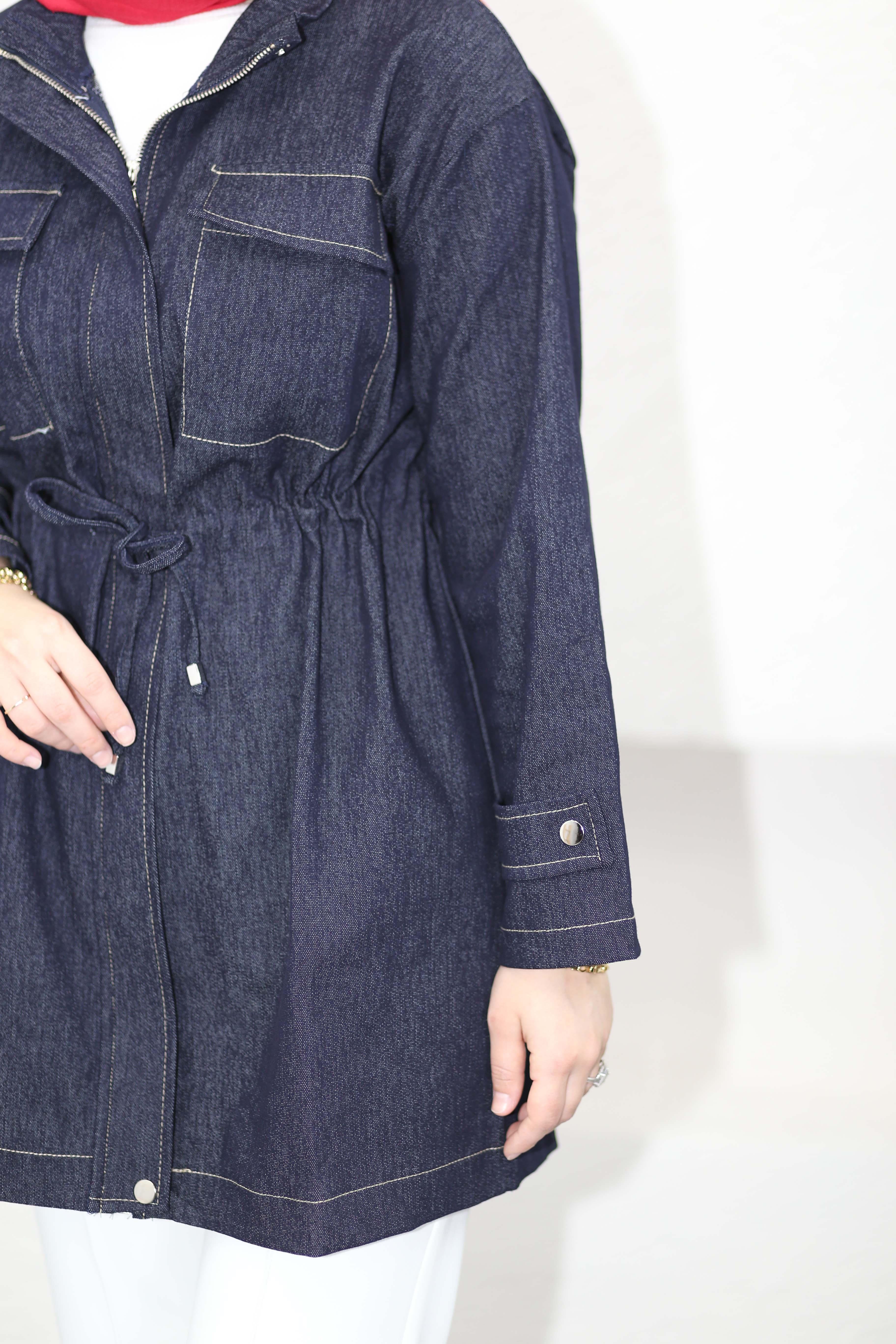 Beli Bağcıklı Denim Ceket Lacivert 3190