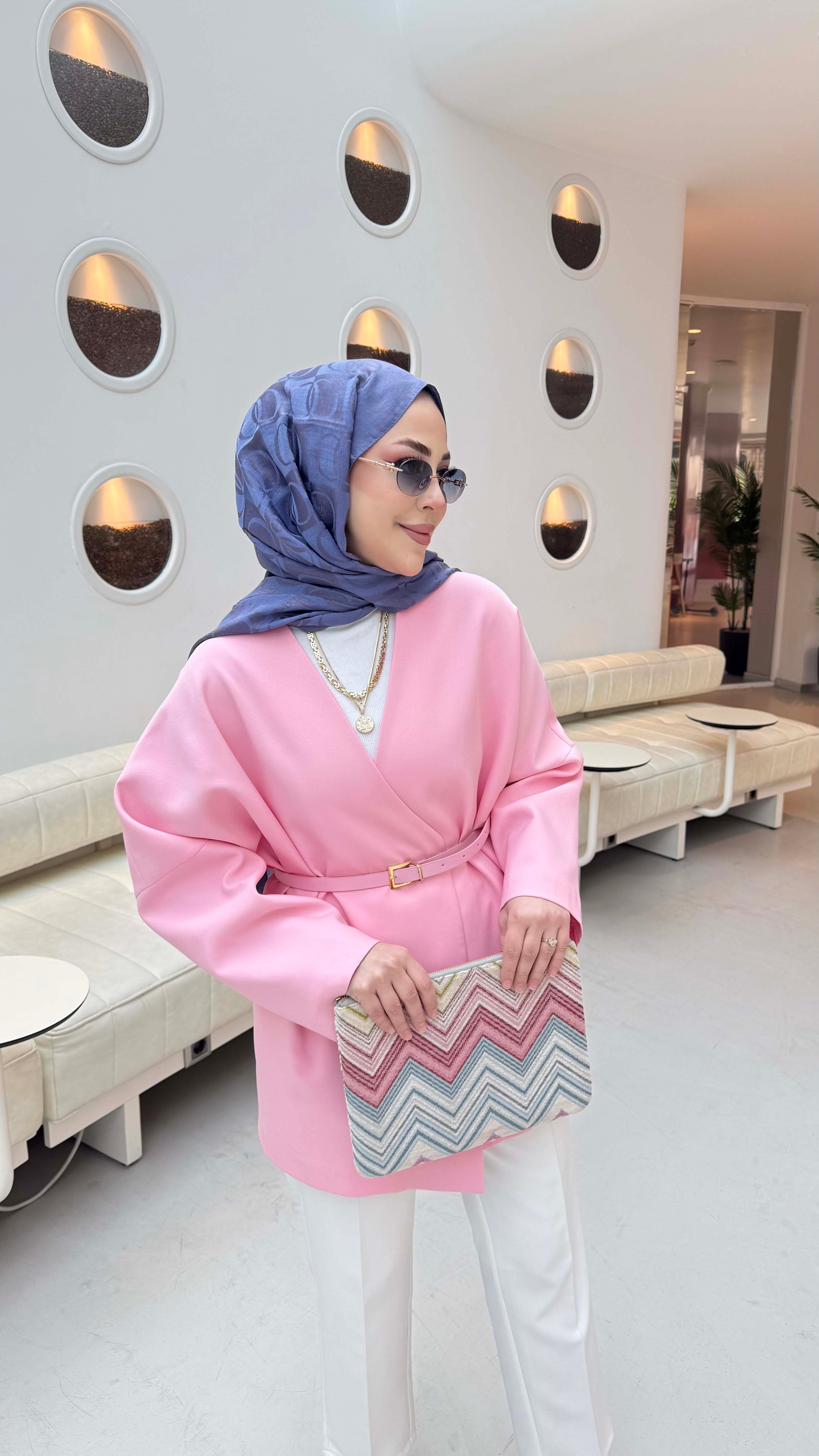 Yakasız Kemer Detaylı Ceket Pembe 1214