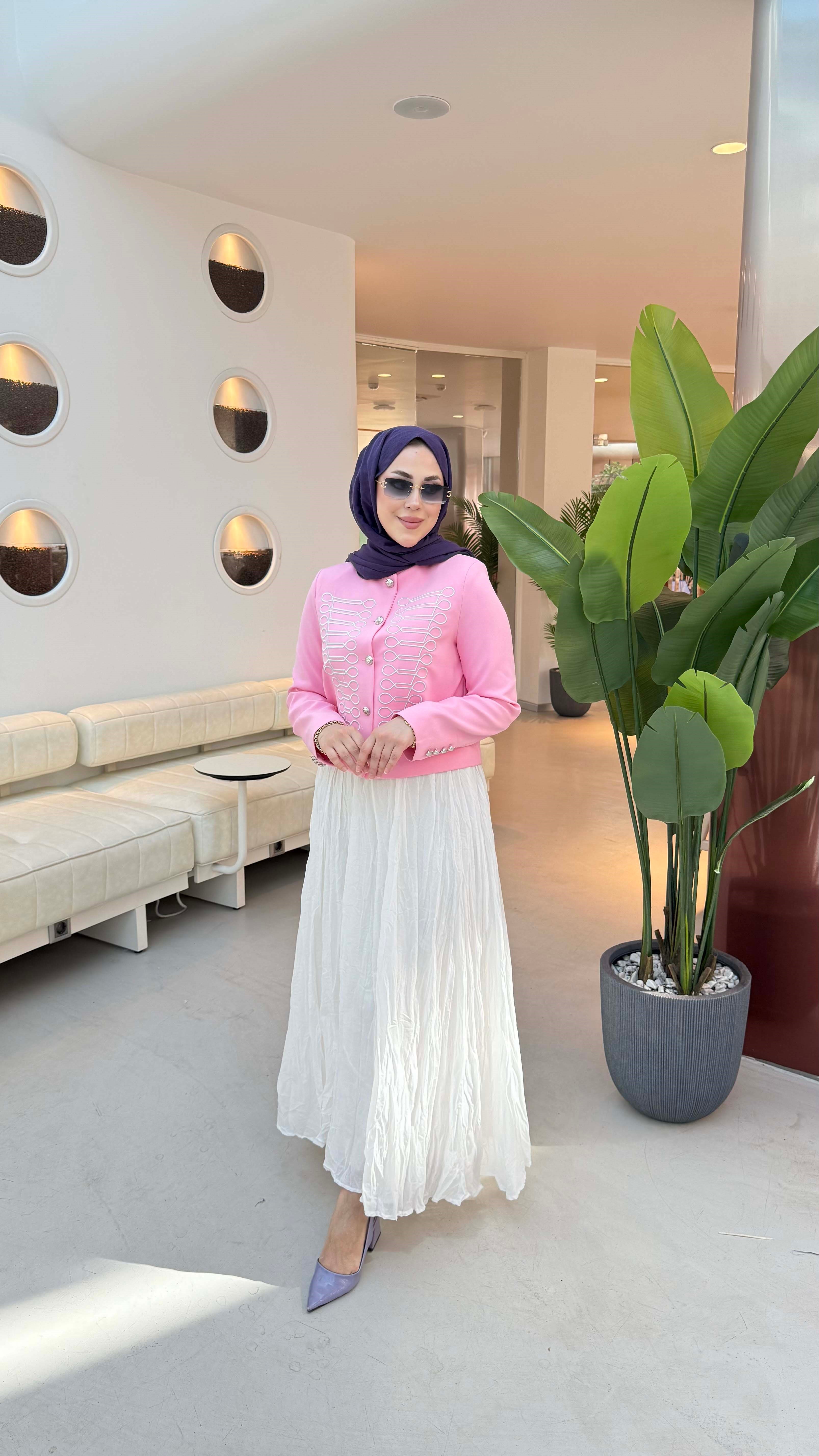 Nakışlı Hakim Yaka Ceket Pembe 6351