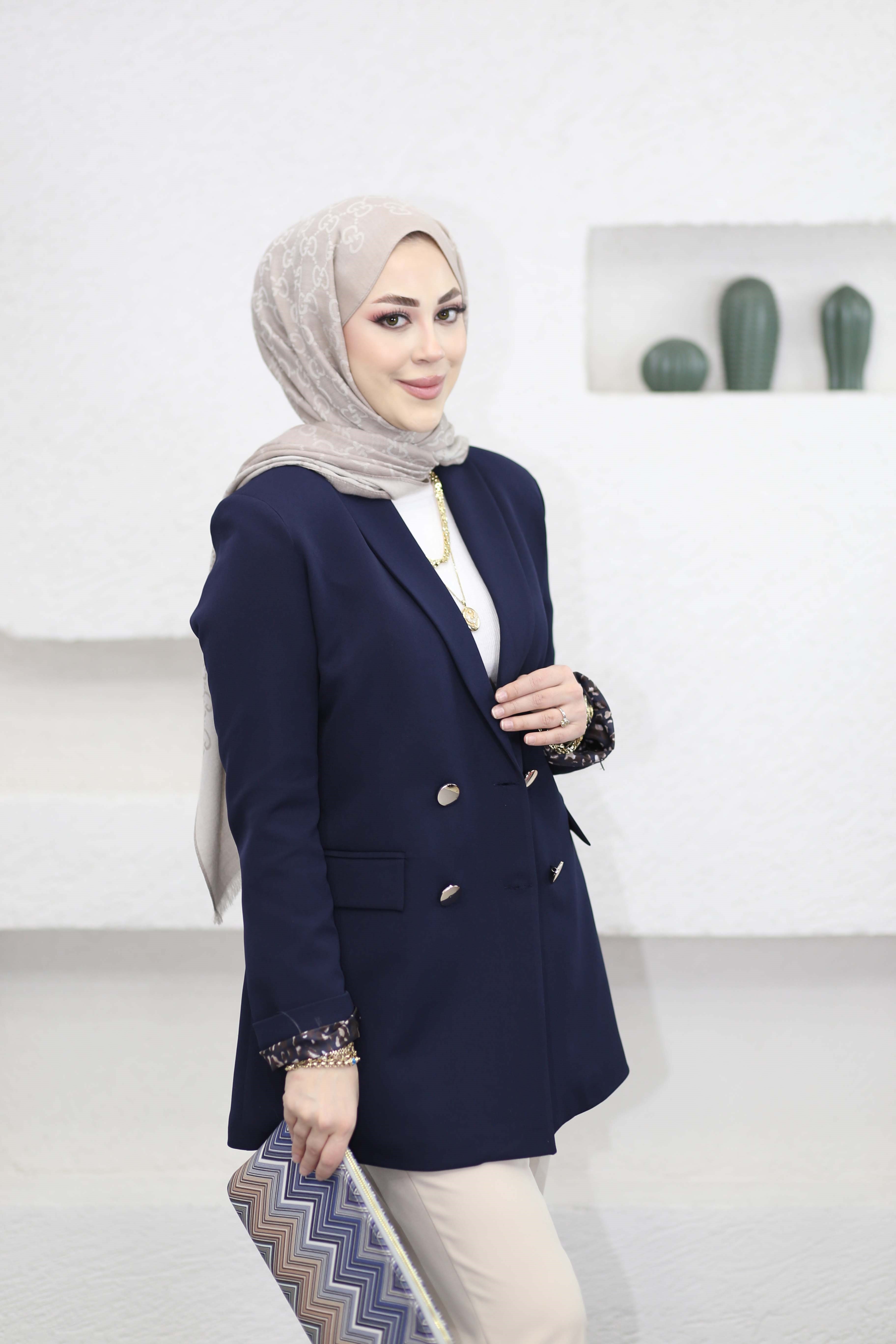 Leopar Astarlı Düğmeli Ceket Lacivert 1156