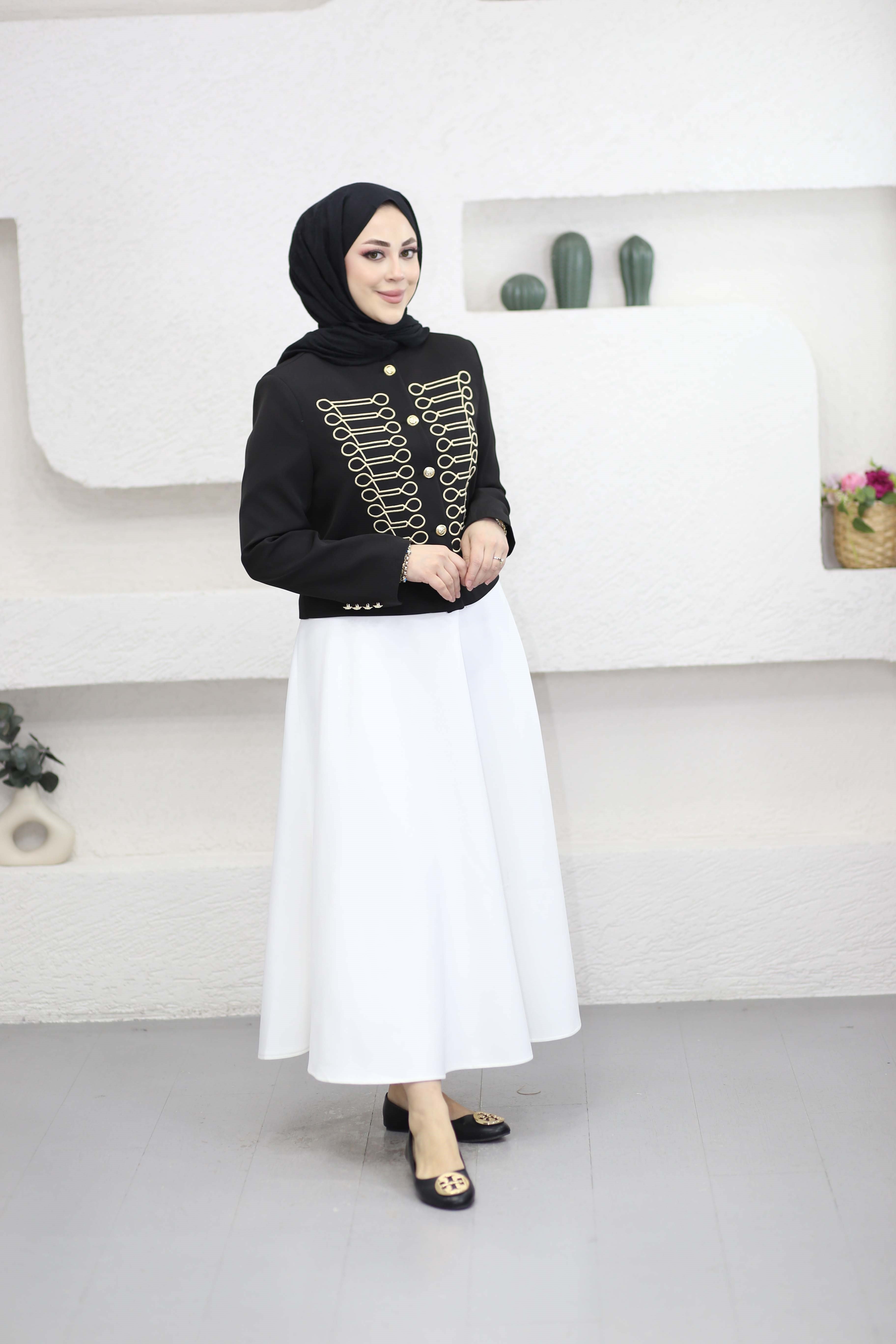 Nakışlı Hakim Yaka Ceket Siyah 6351