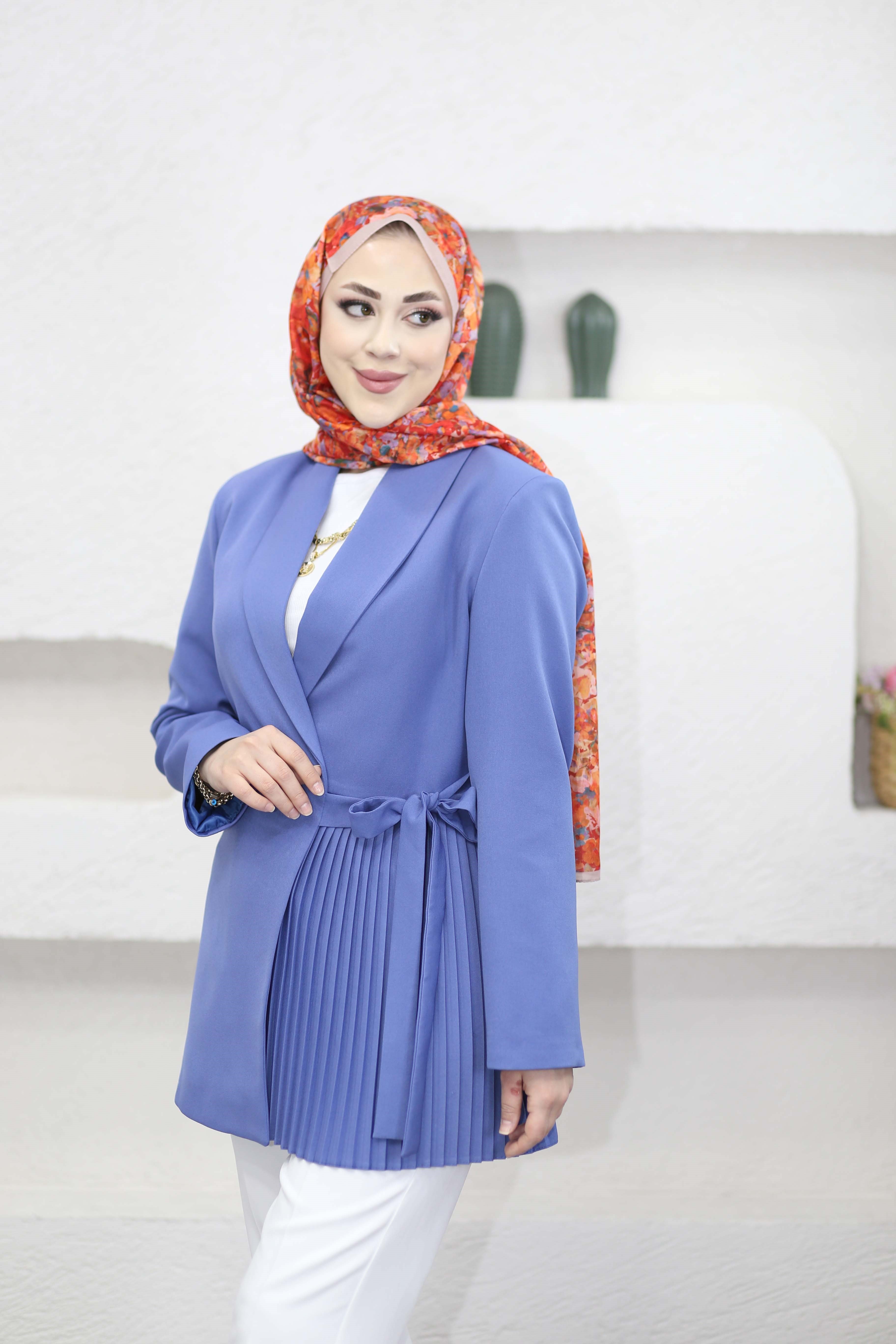 Yan Pilise Bağlamalı Ceket Mavi 1980