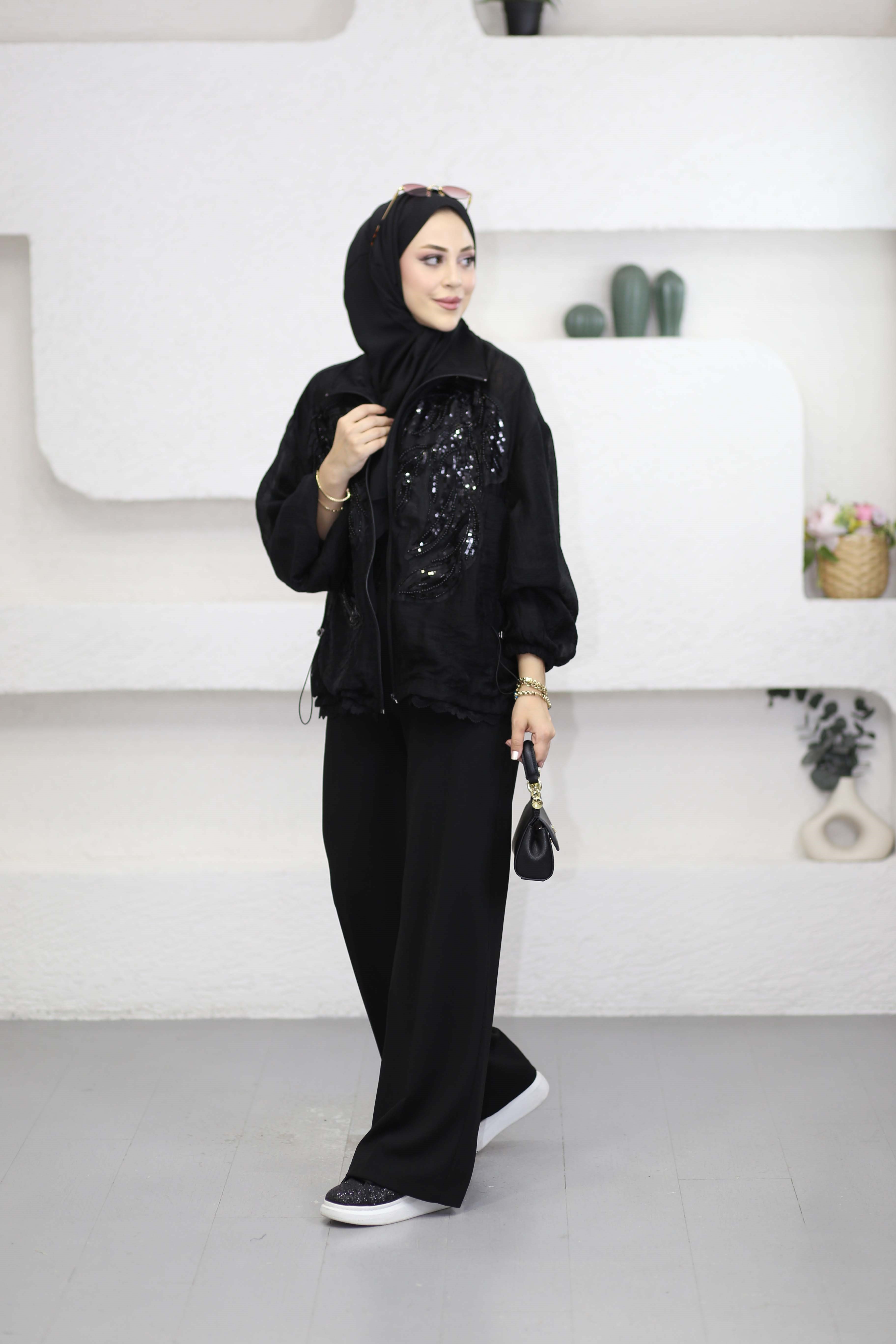 Nakışlı Dik Yaka Ceket Siyah 9773