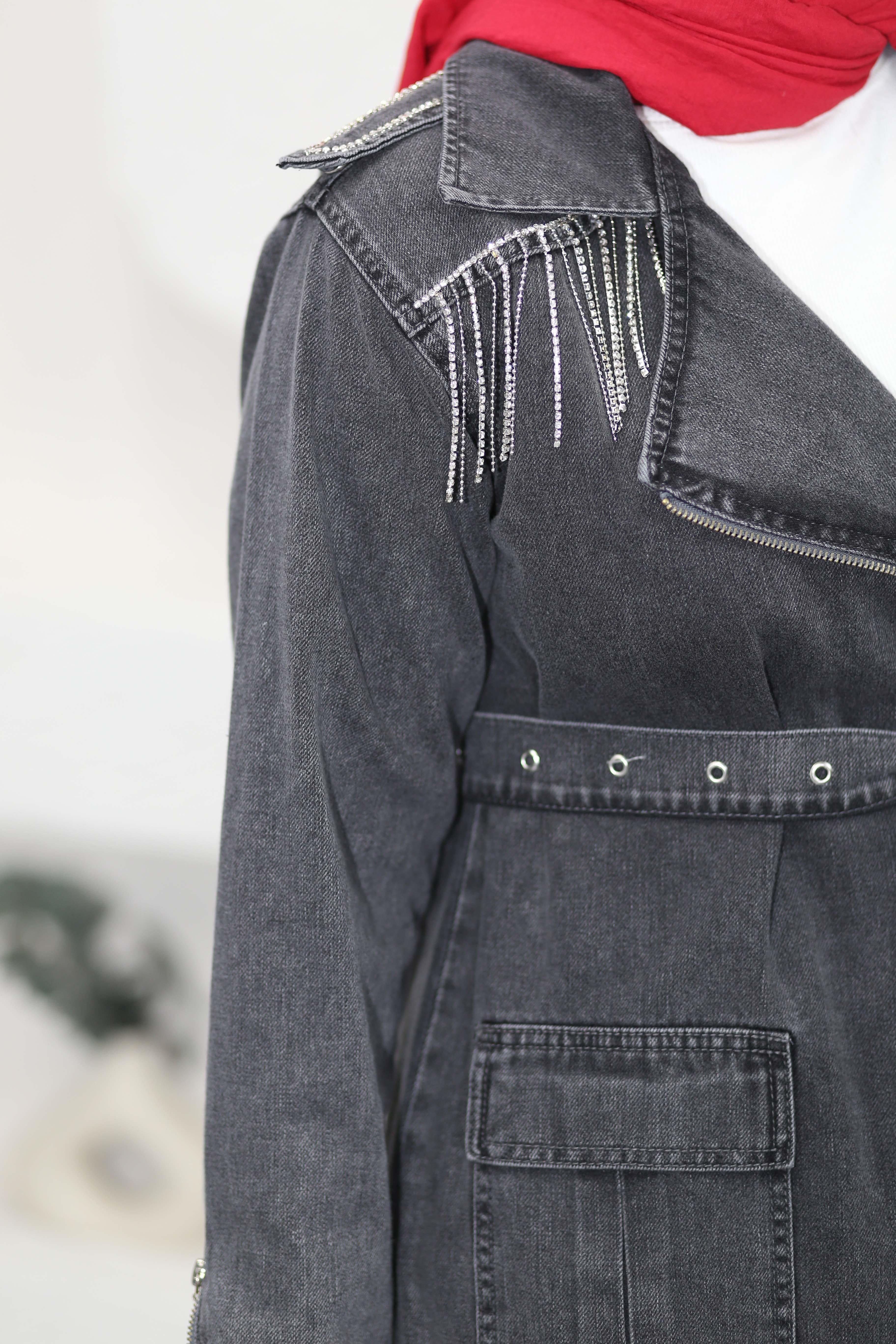 Taş Omuzlu Denim Ceket Antrasit 7471