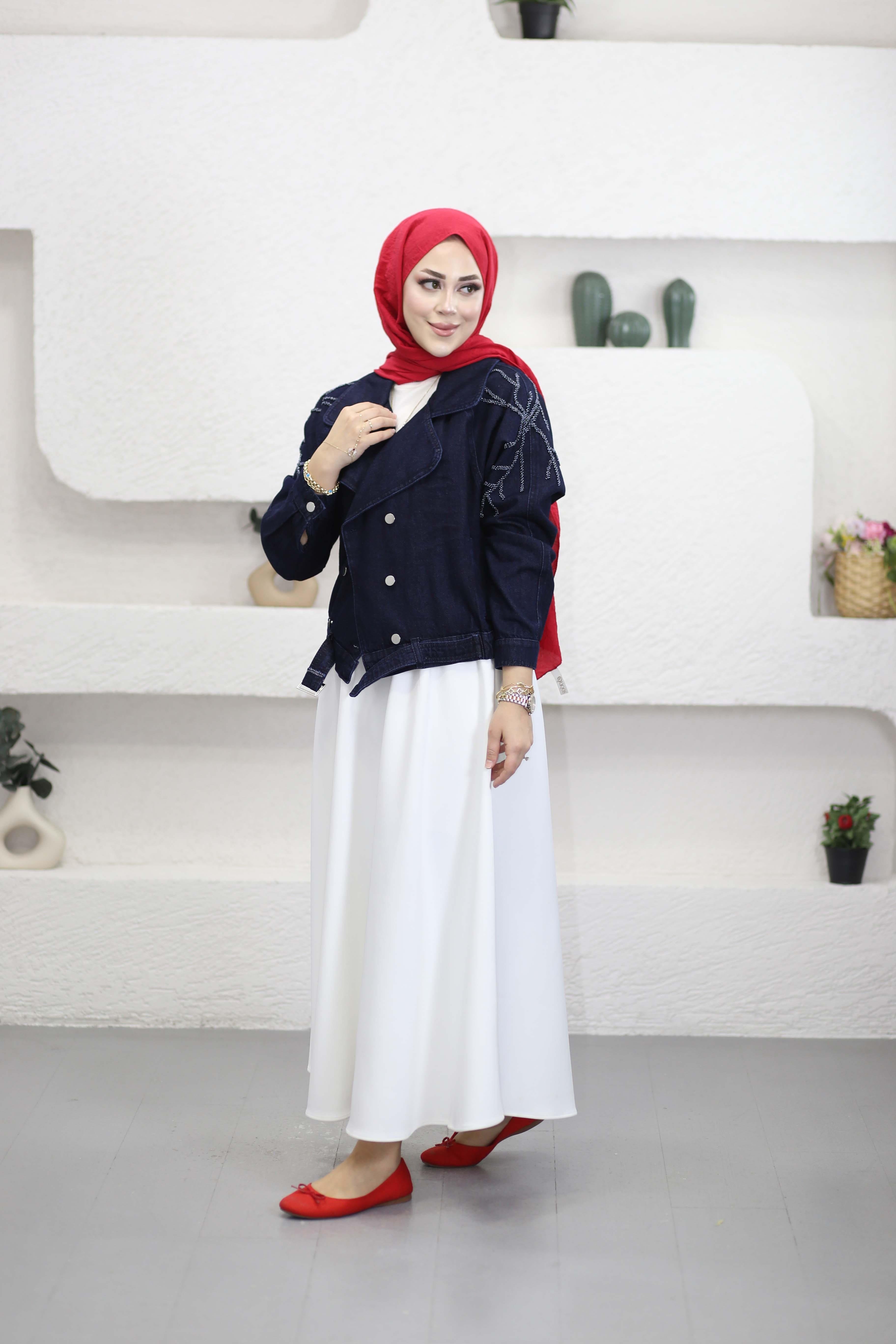 Salkım Taşlı Kot Ceket Koyu Mavi 7466