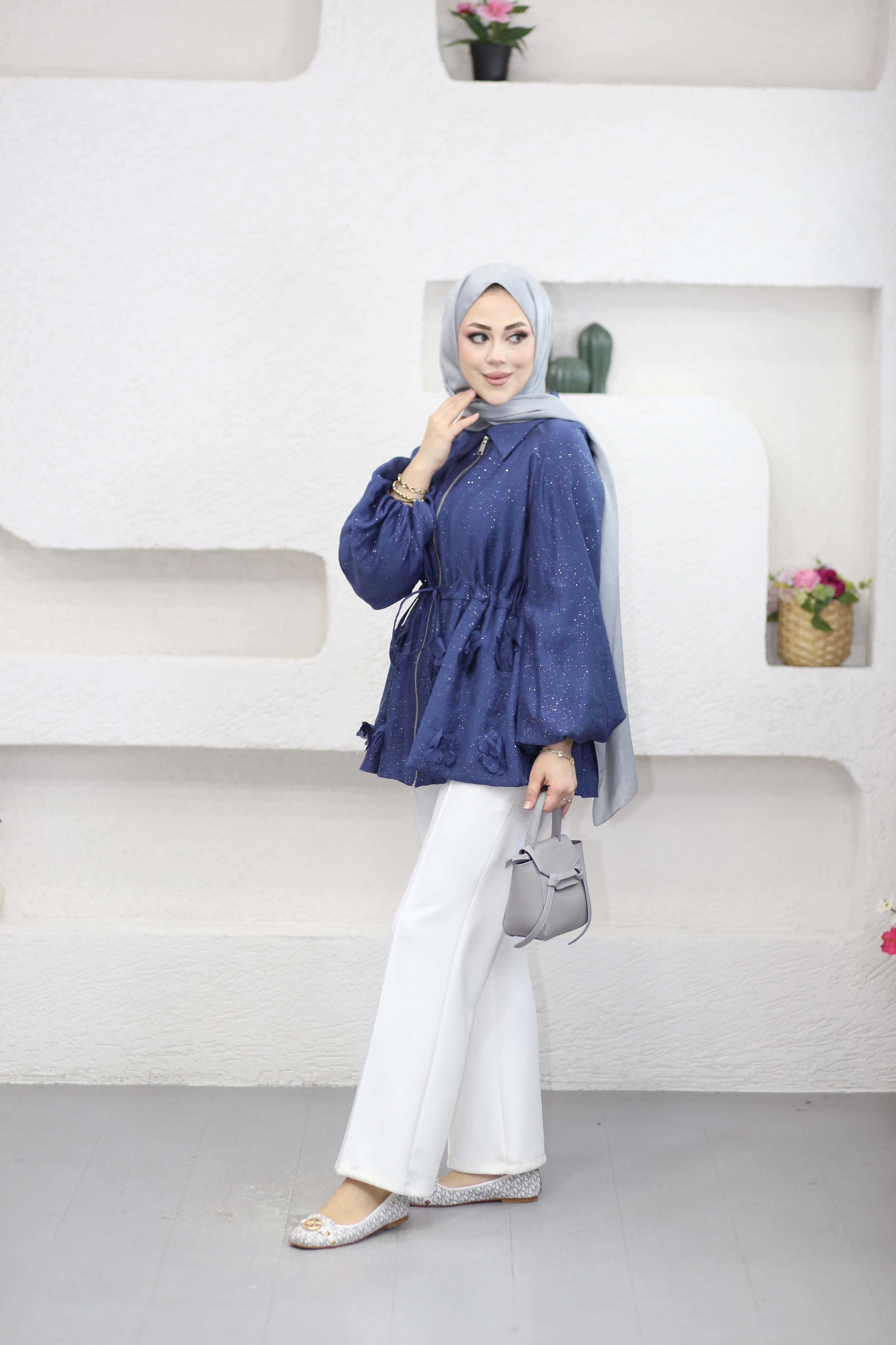 Simli Tencel Balon Ceket Lacivert 26043