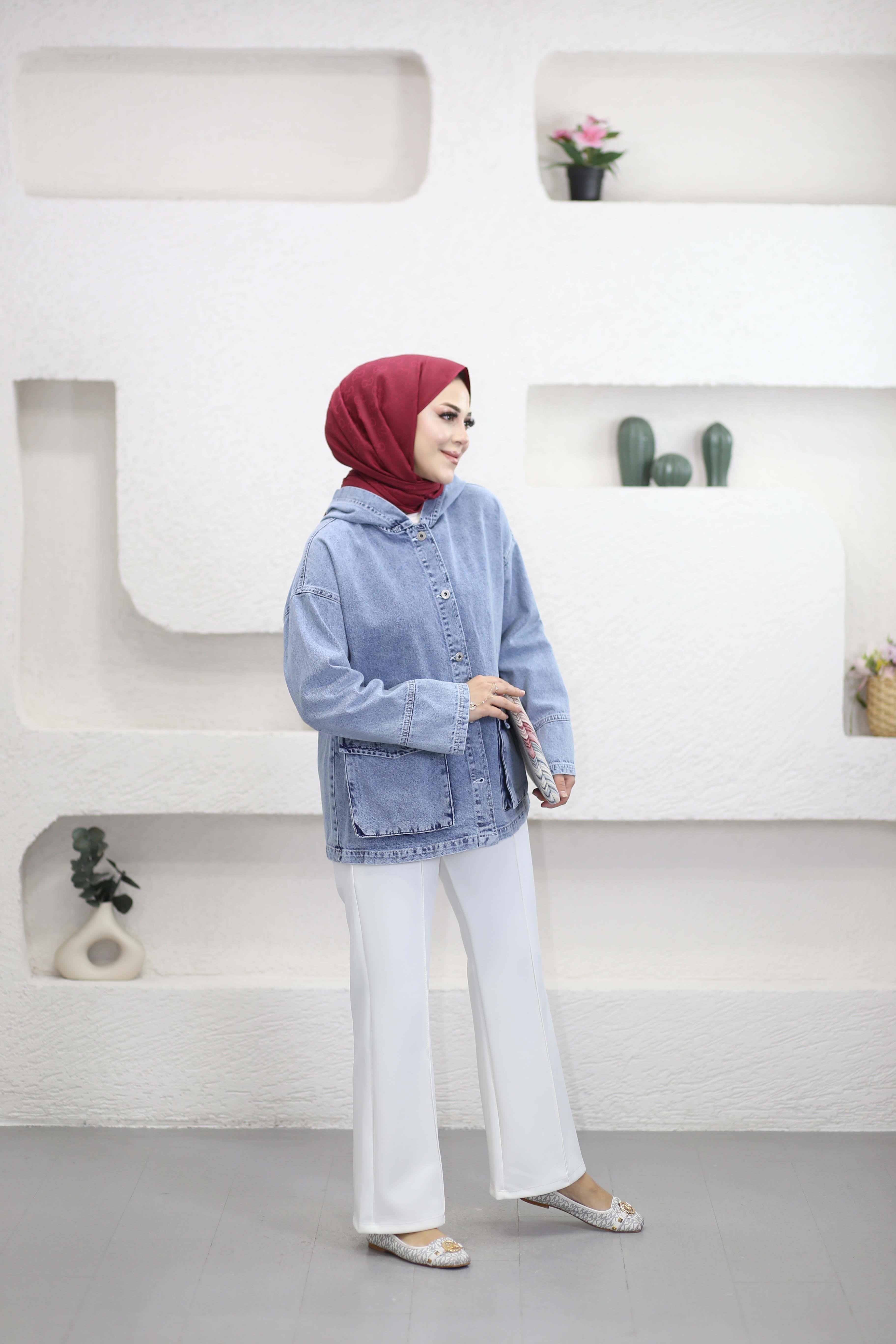 Kapişonlu Denim Ceket Açık Mavi 7437