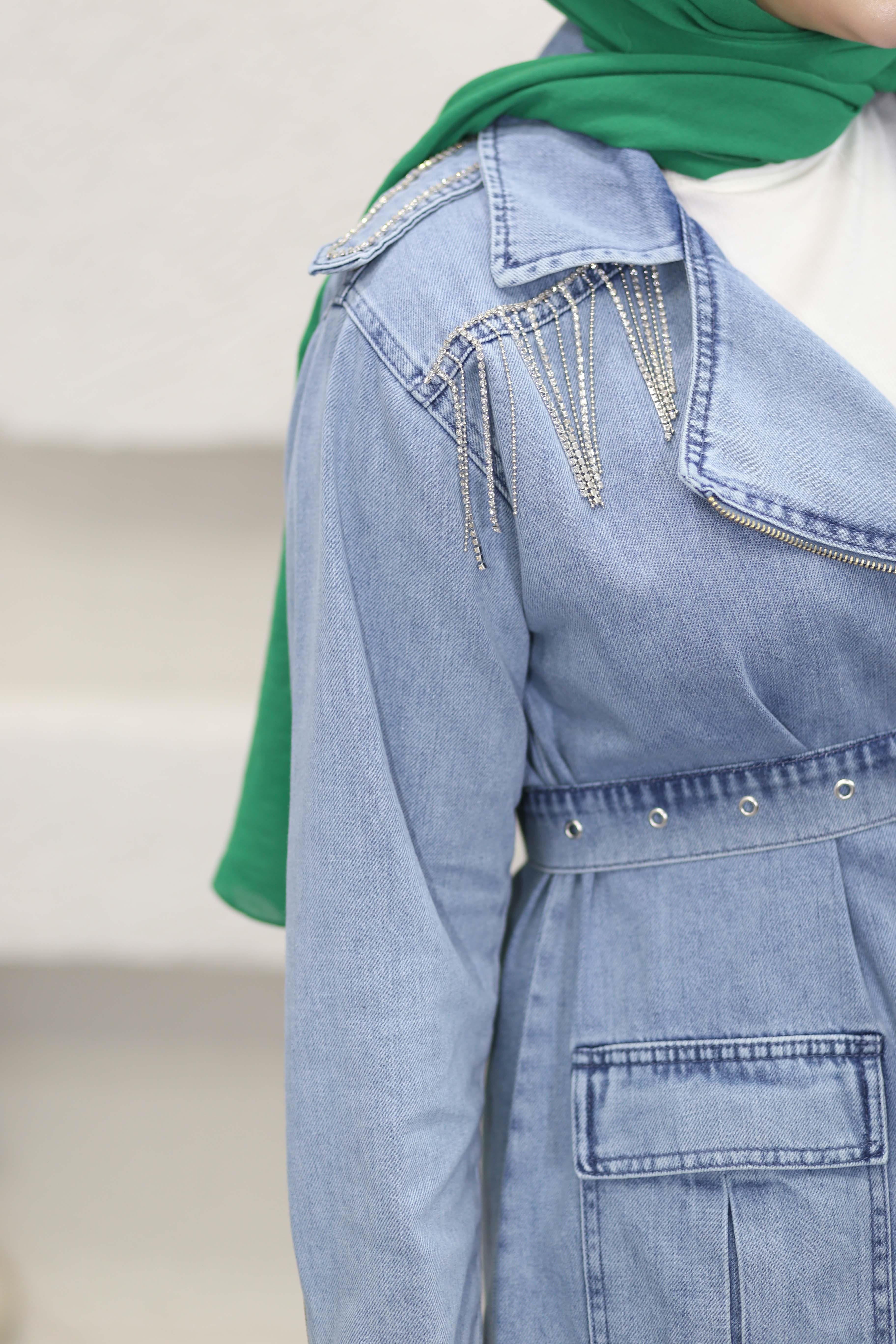 Taş Omuzlu Denim Ceket Açık Mavi 7471