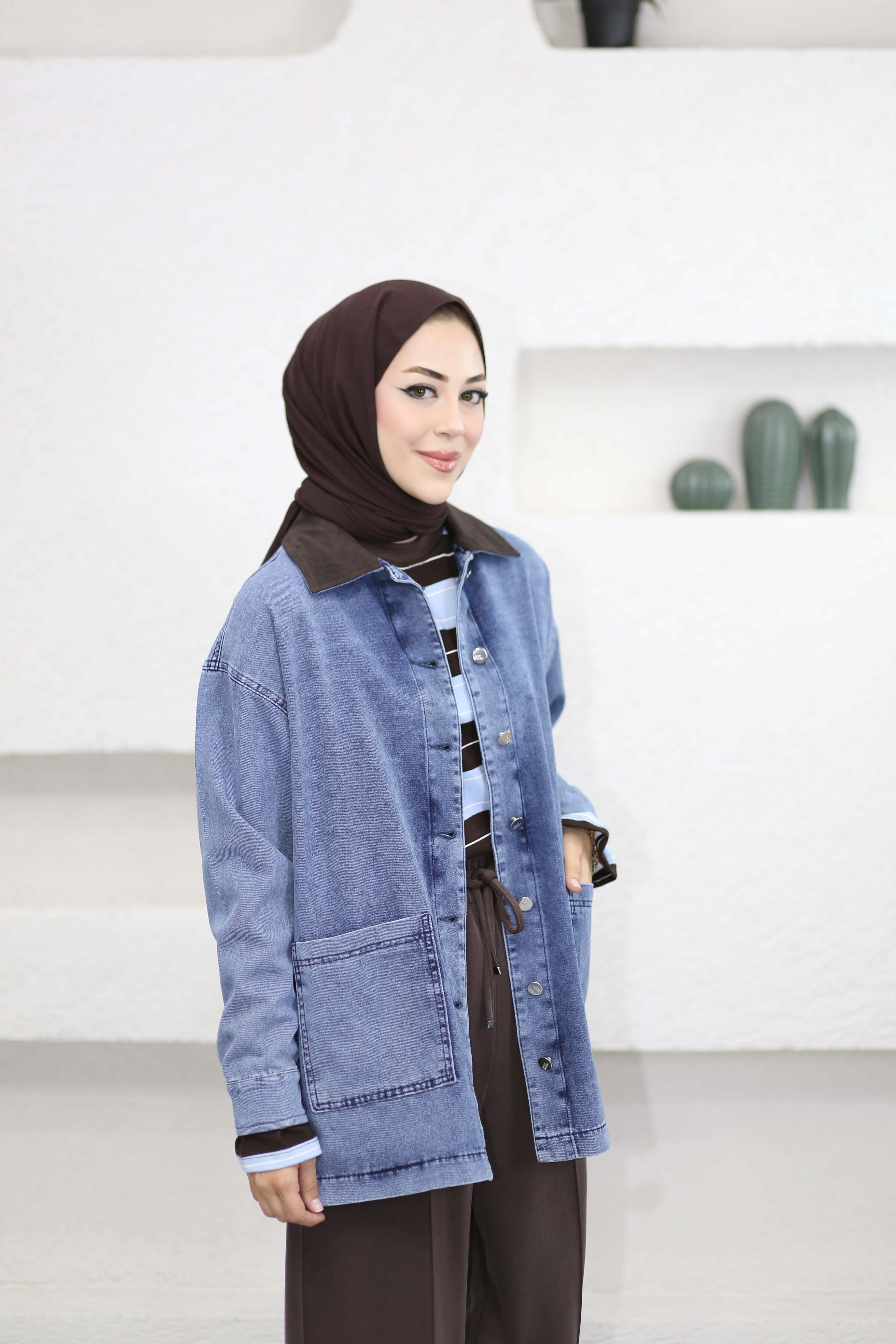 Yaka Detaylı Kot Ceket Mavi 6707