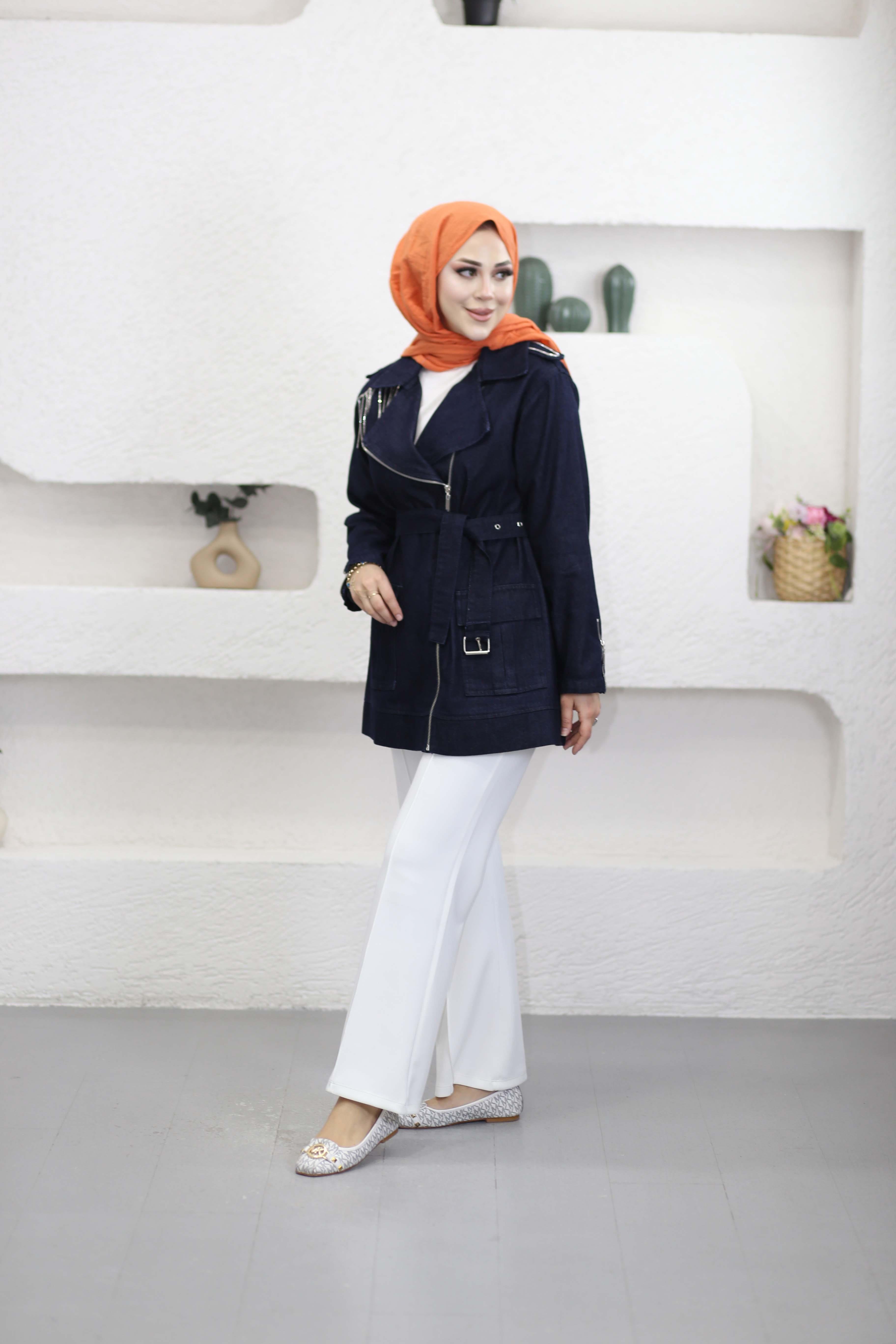 Taş Omuzlu Denim Ceket Koyu Mavi 7471