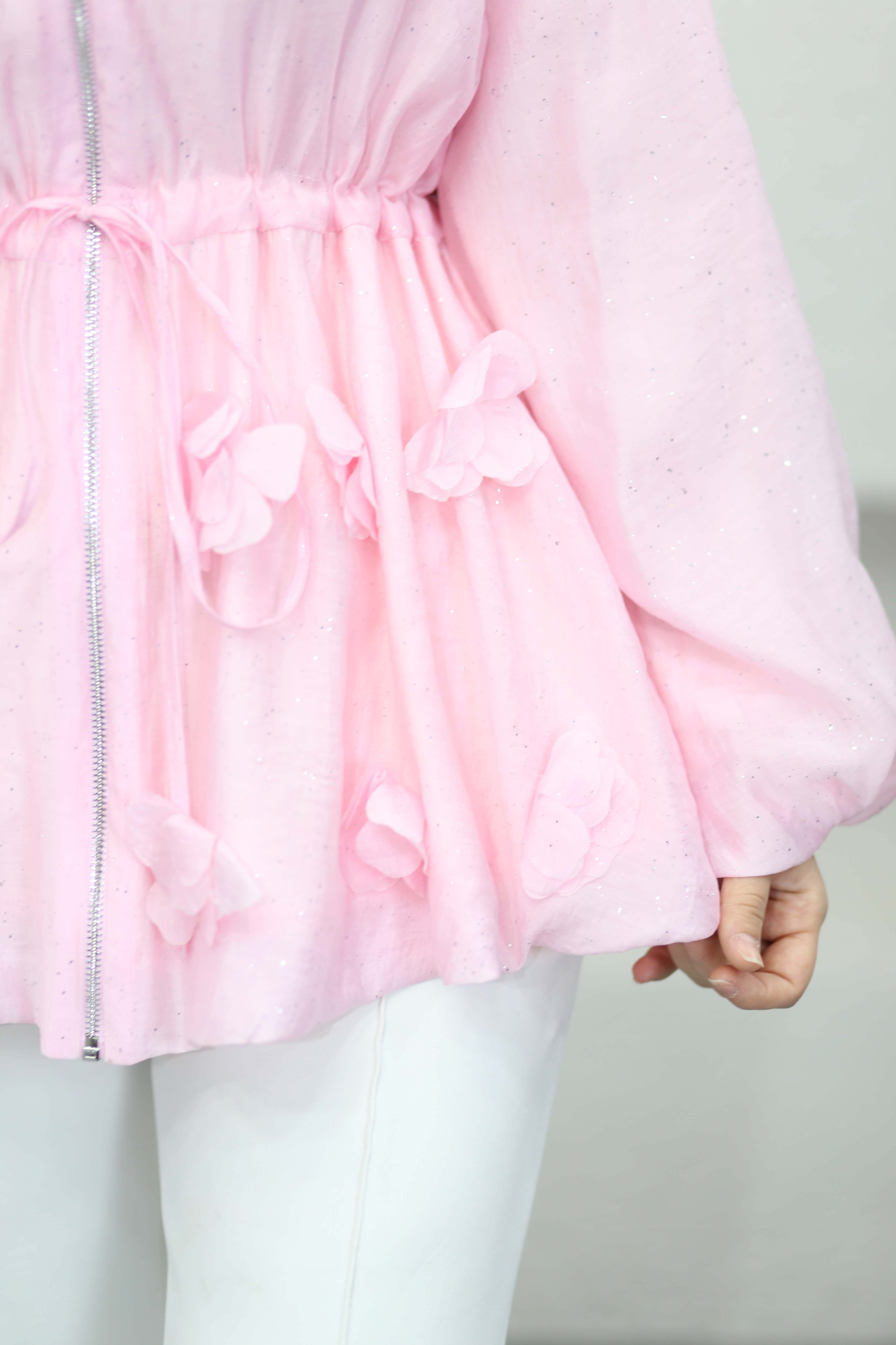 Simli Tencel Balon Ceket Pembe 26043