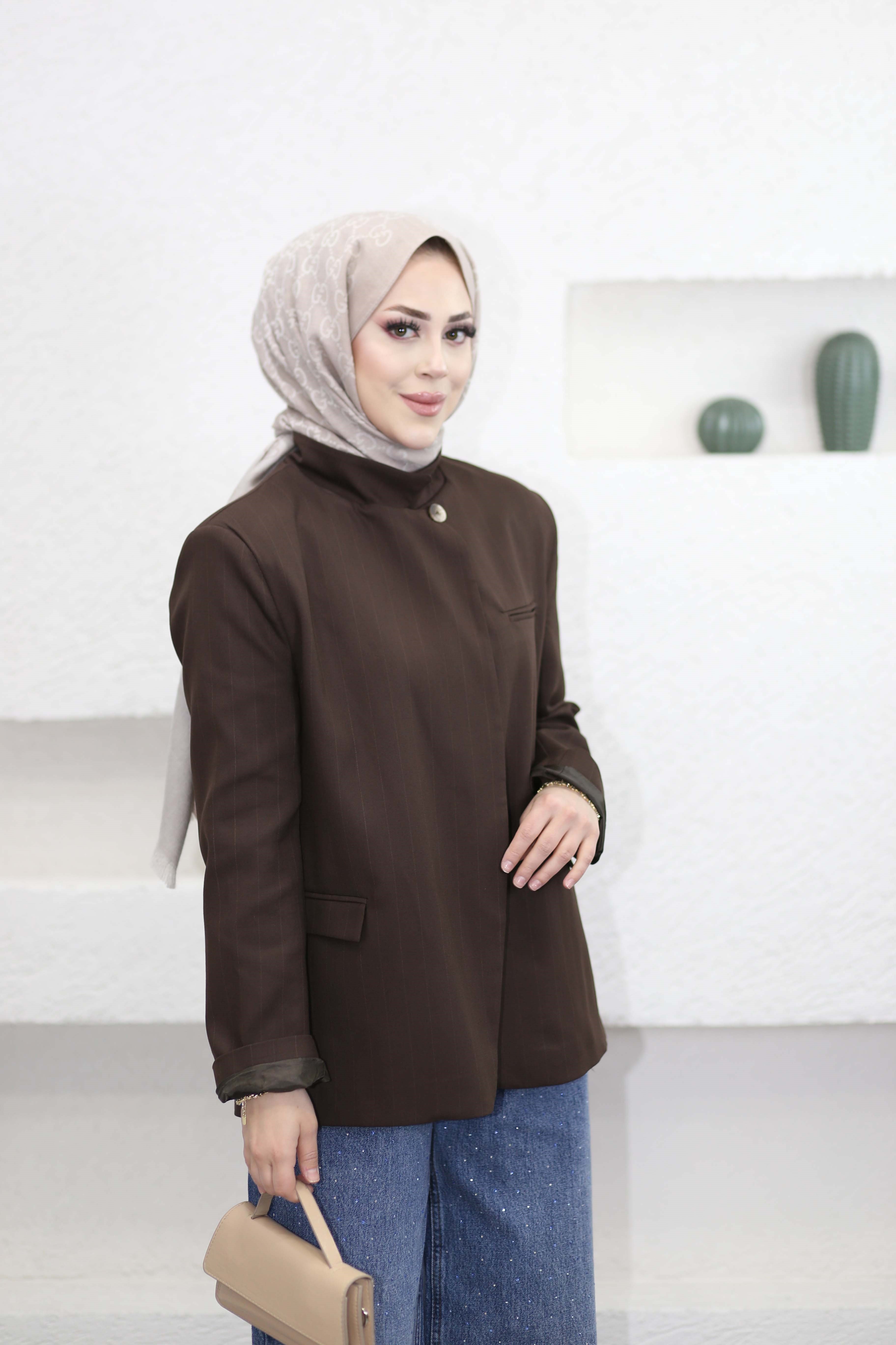 Dik Yaka Blazer Ceket Kahverengi 9715