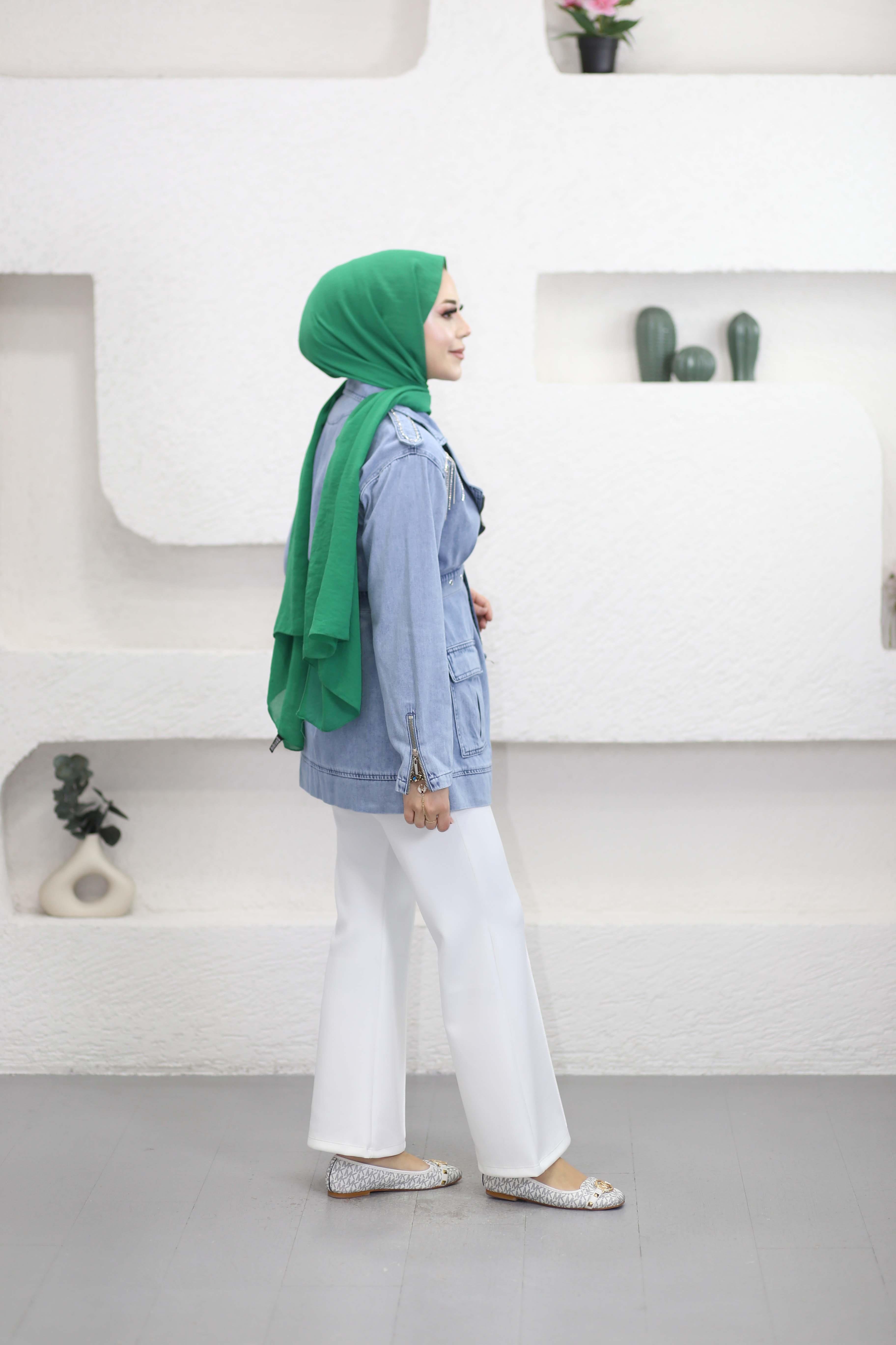 Taş Omuzlu Denim Ceket Açık Mavi 7471