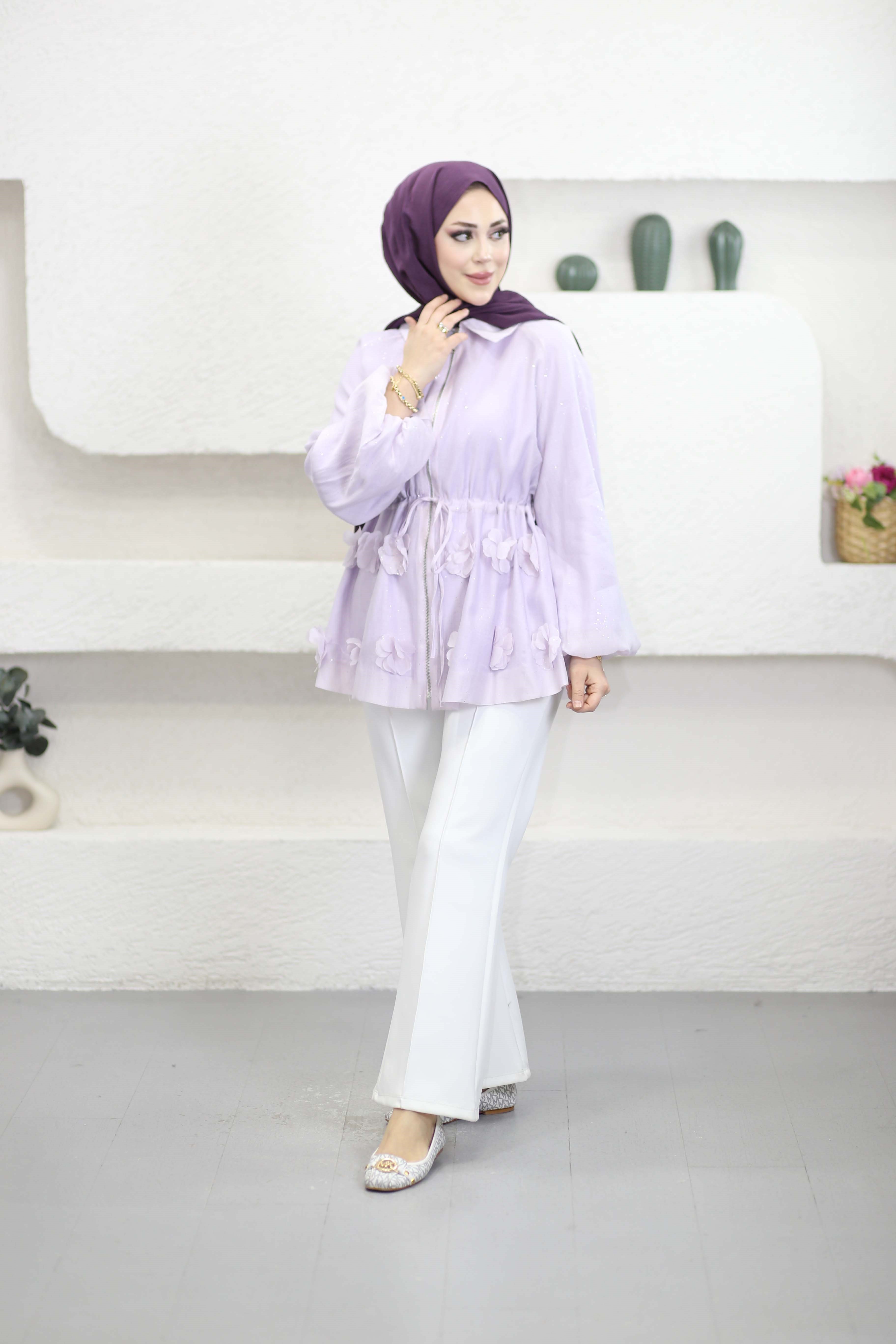 Simli Tencel Balon Ceket Lila 26043