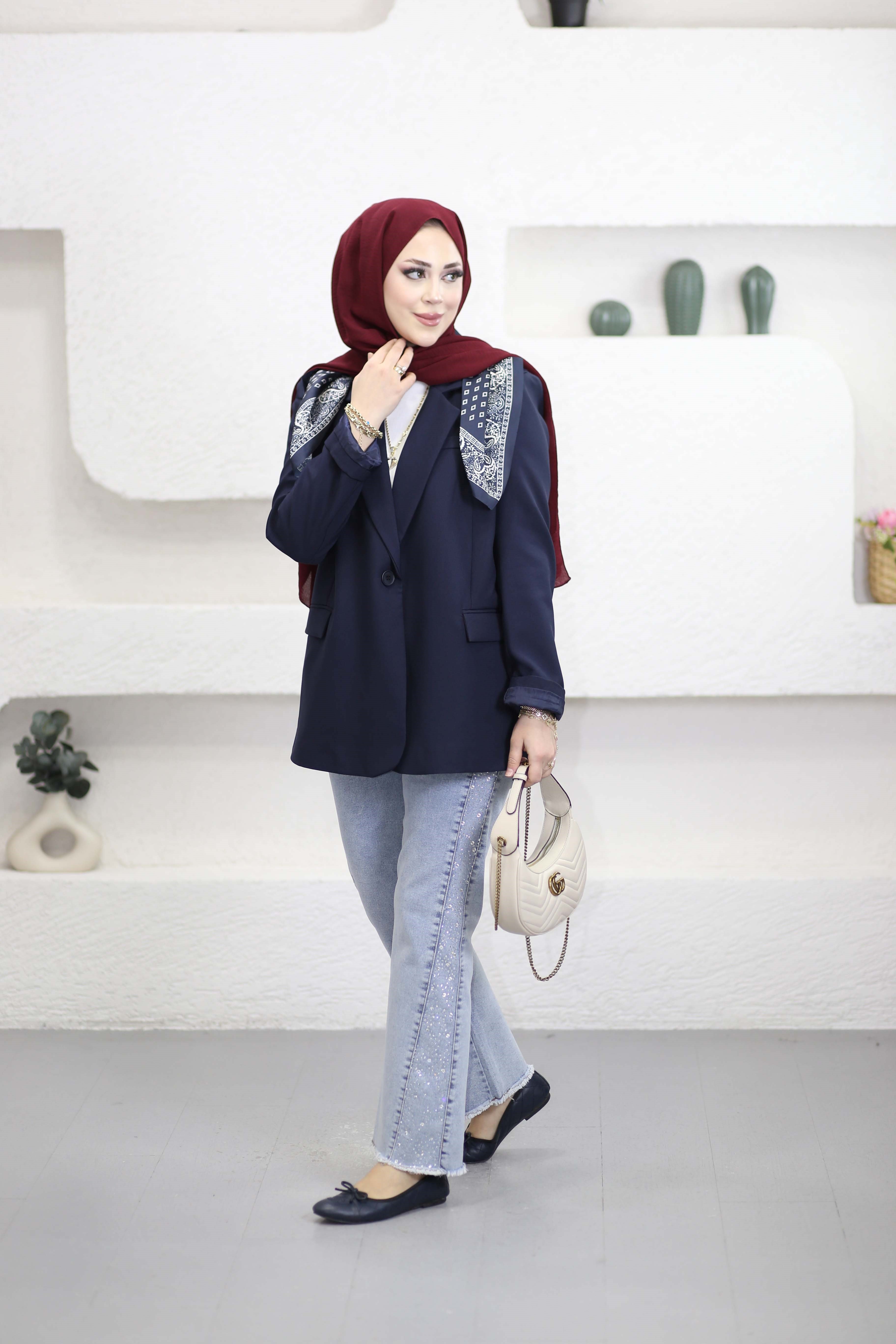 Fular Detaylı Blazer Ceket Lacivert 7665