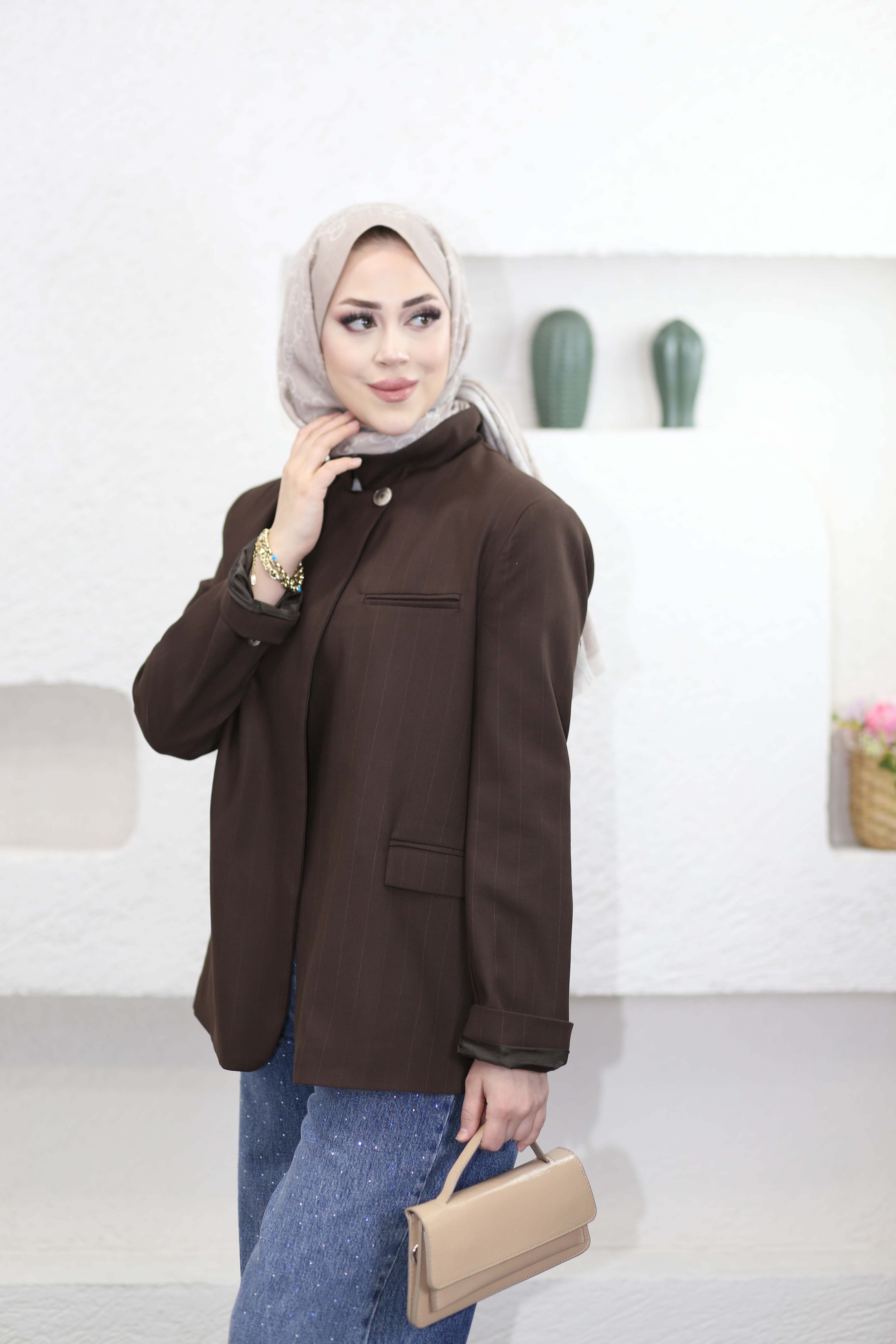 Dik Yaka Blazer Ceket Kahverengi 9715