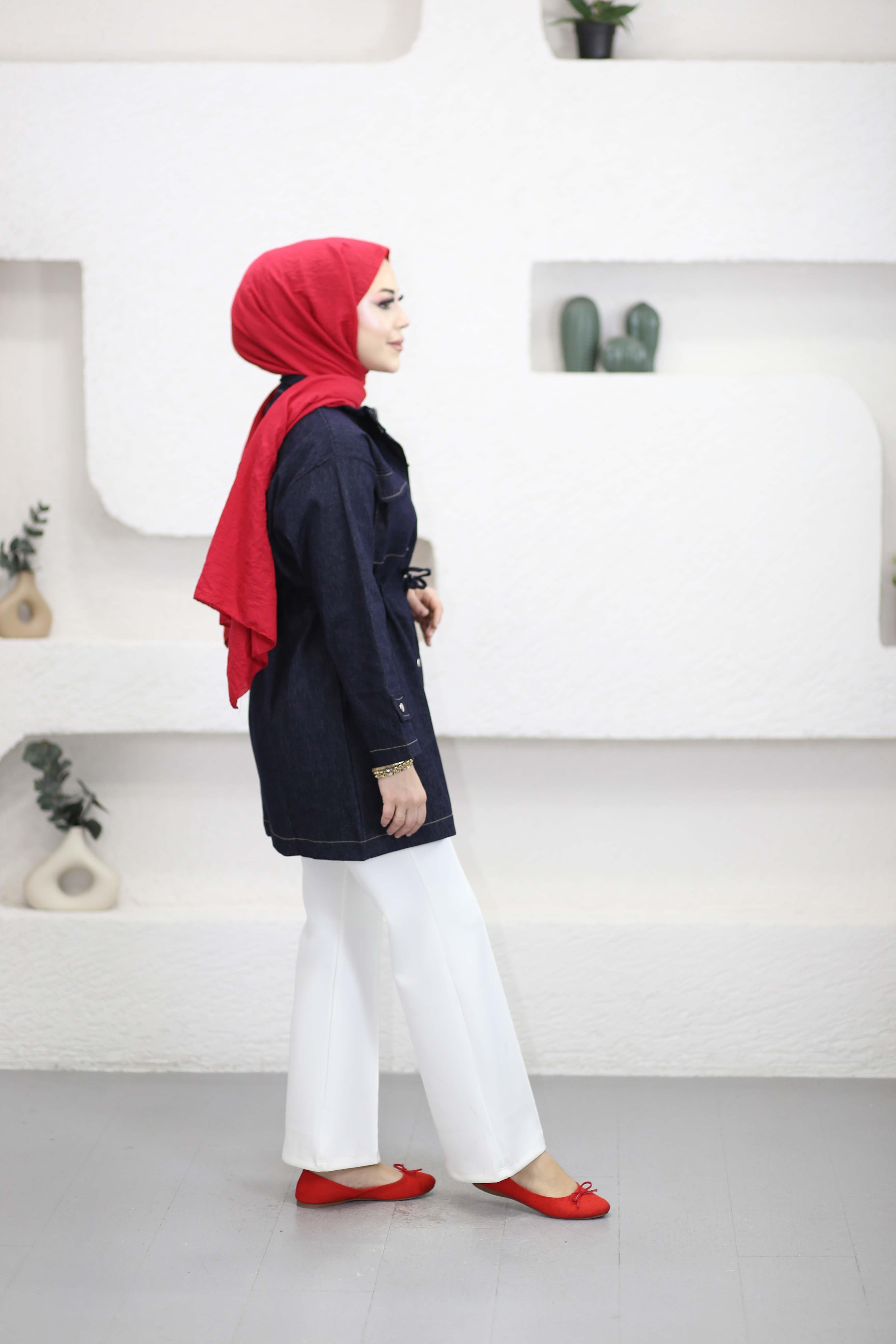 Beli Bağcıklı Denim Ceket Lacivert 3190
