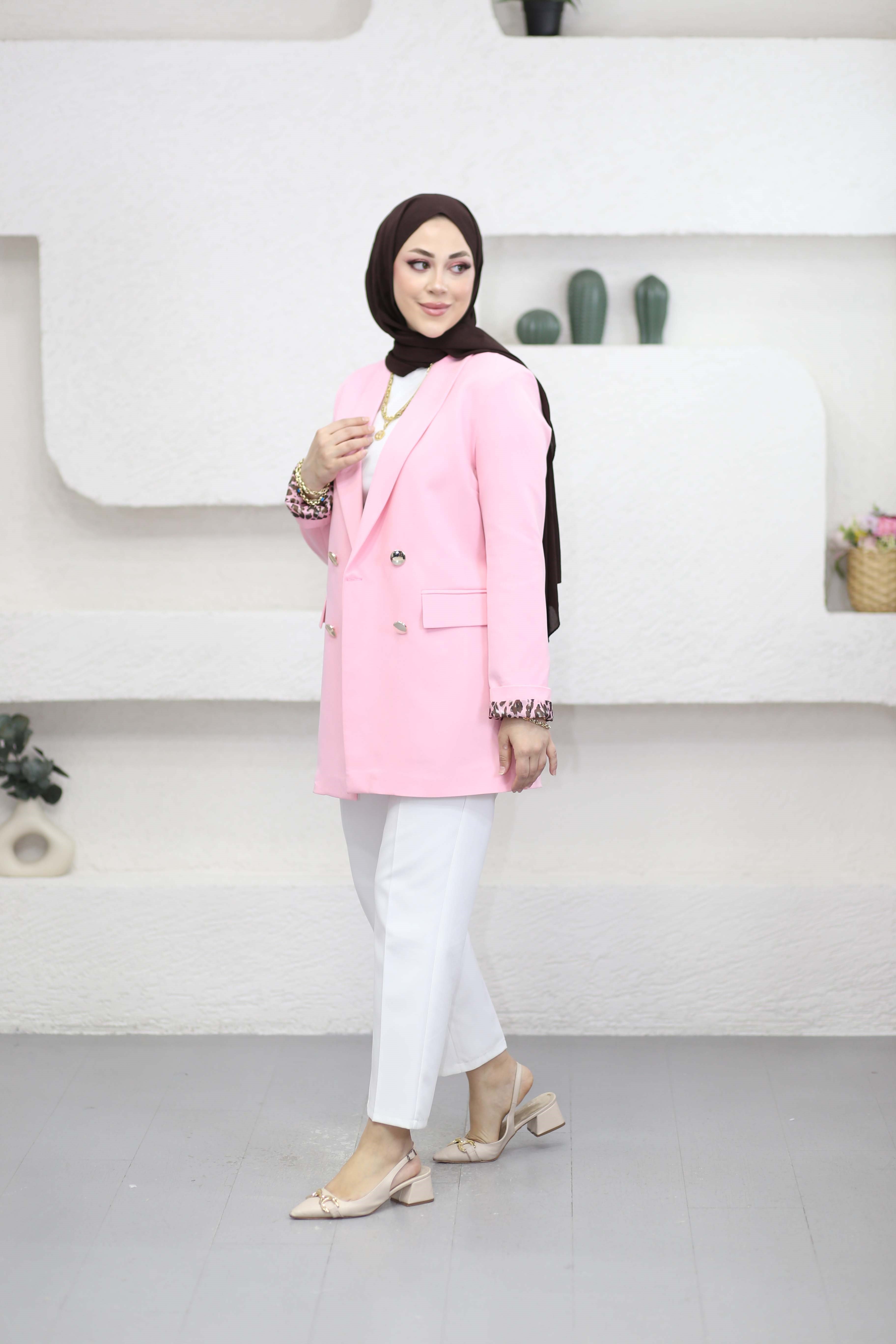Leopar Astarlı Düğmeli Ceket Pembe 1156
