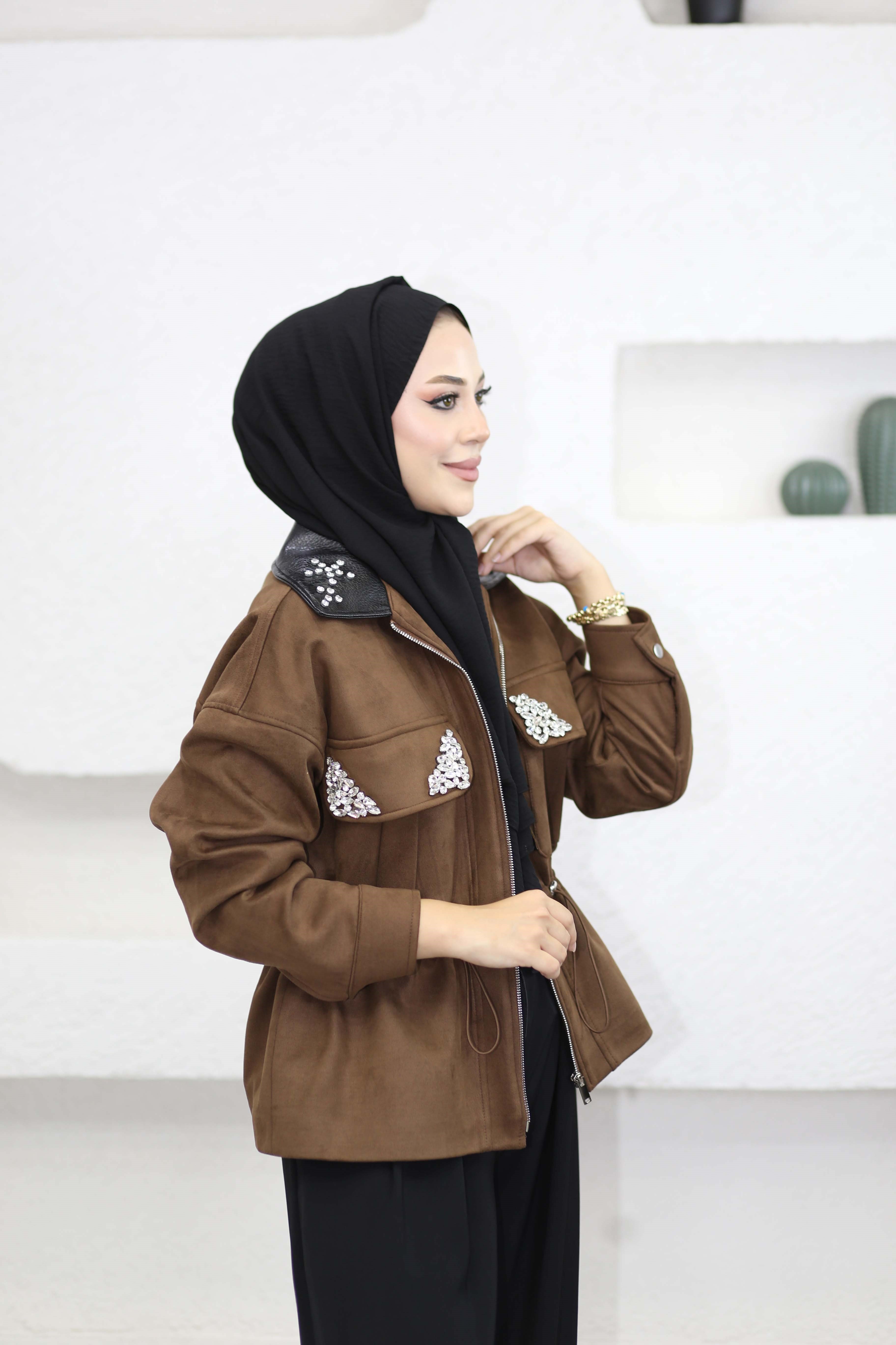 Taşlı Süet Ceket Kahverengi 5754