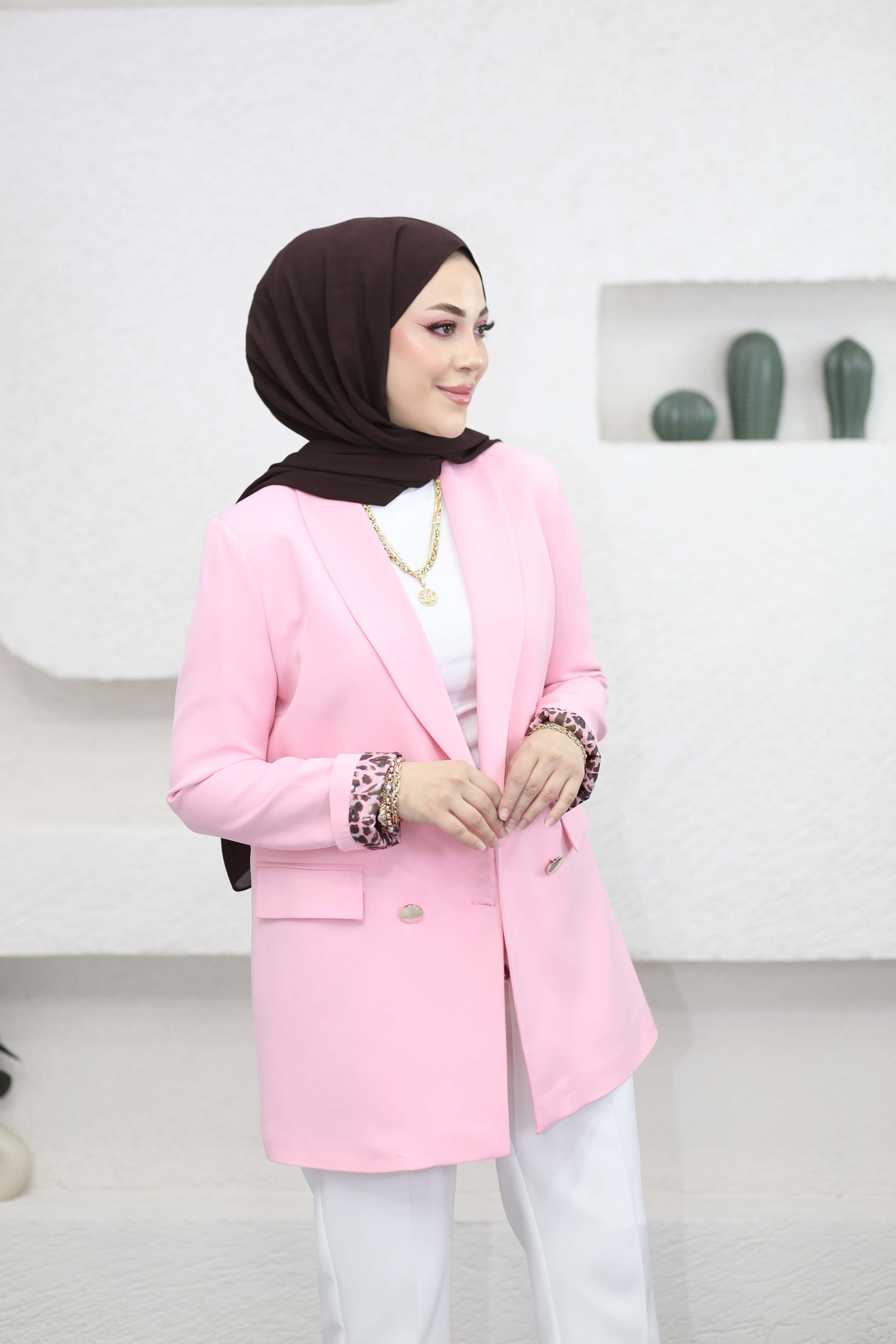 Leopar Astarlı Düğmeli Ceket Pembe 1156