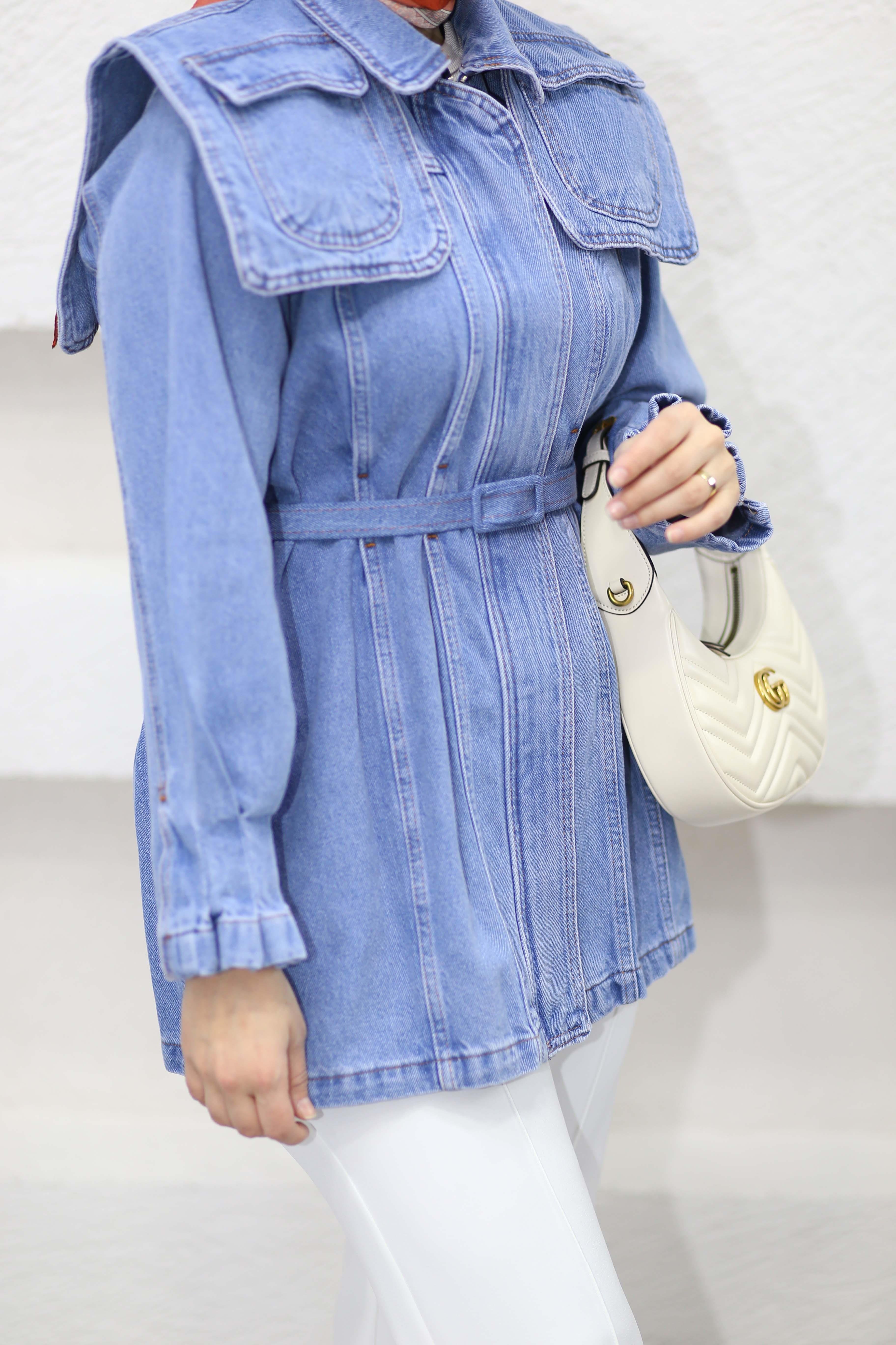 Tasarım Detaylı Denim Ceket Açık Mavi 1143